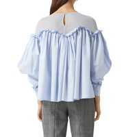 PALE BLUE STRIPE Chemisier rayé à manches bouffantes en coton et jersey