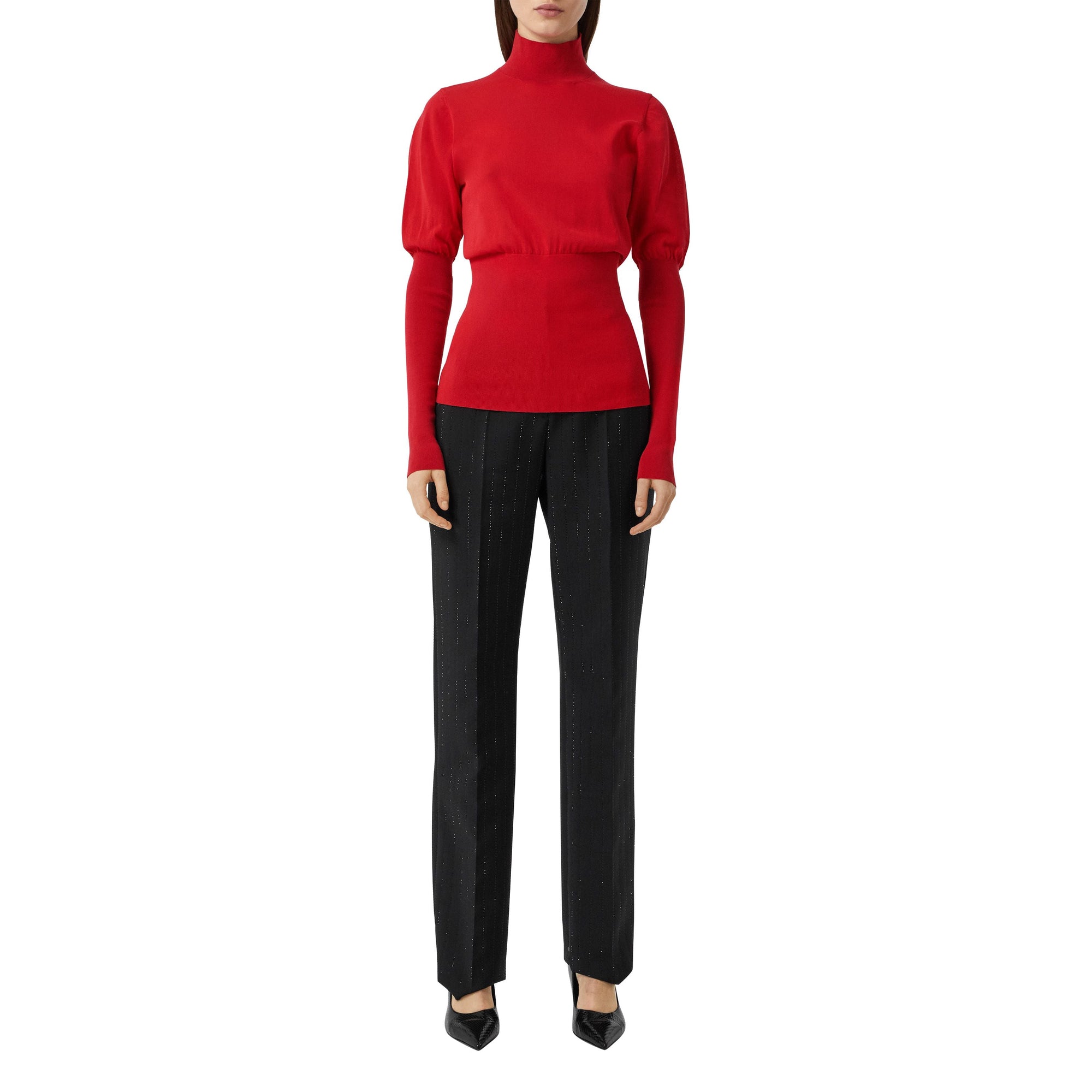 BRIGHT RED Pull à col roulé en maille de coton mélangé à manches bouffantes