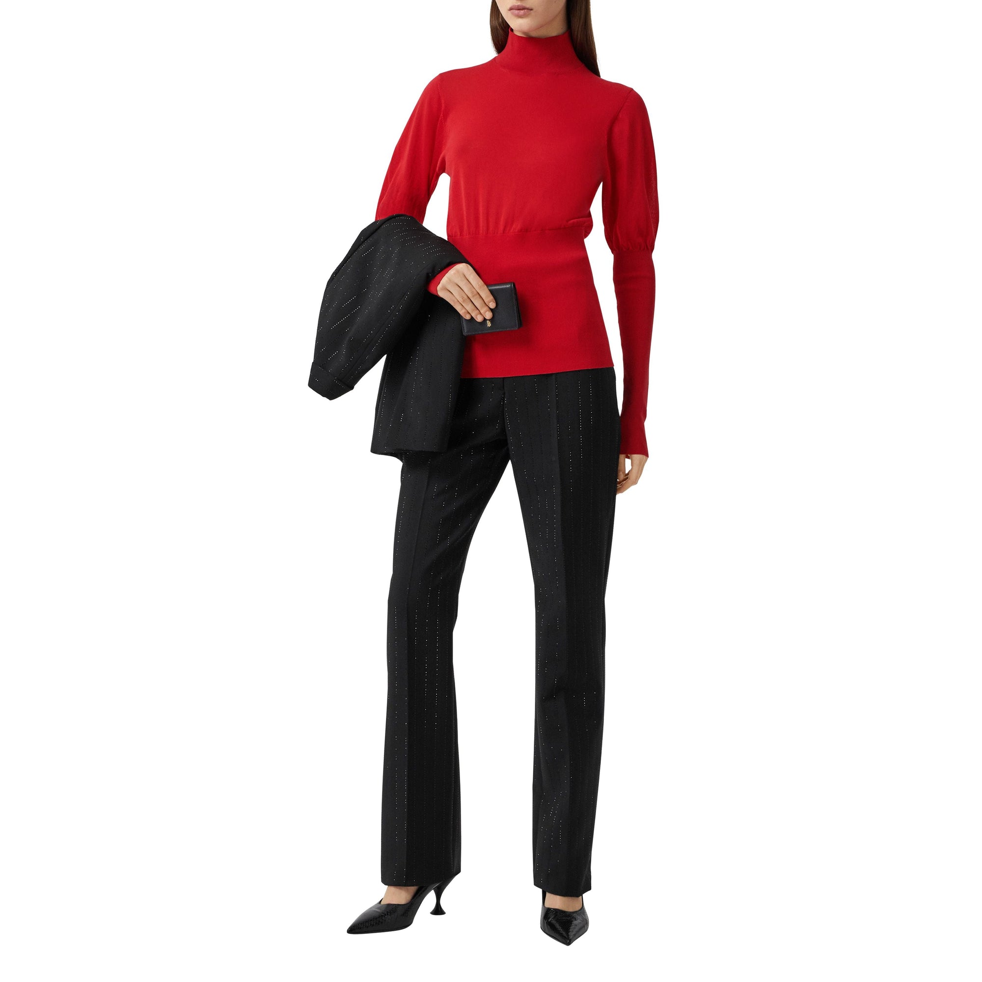 BRIGHT RED Pull à col roulé en maille de coton mélangé à manches bouffantes