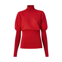 BRIGHT RED Pull à col roulé en maille de coton mélangé à manches bouffantes