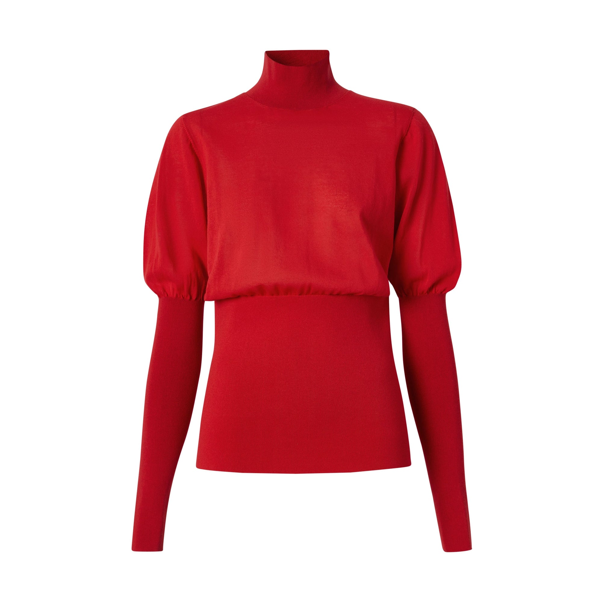 BRIGHT RED Pull à col roulé en maille de coton mélangé à manches bouffantes