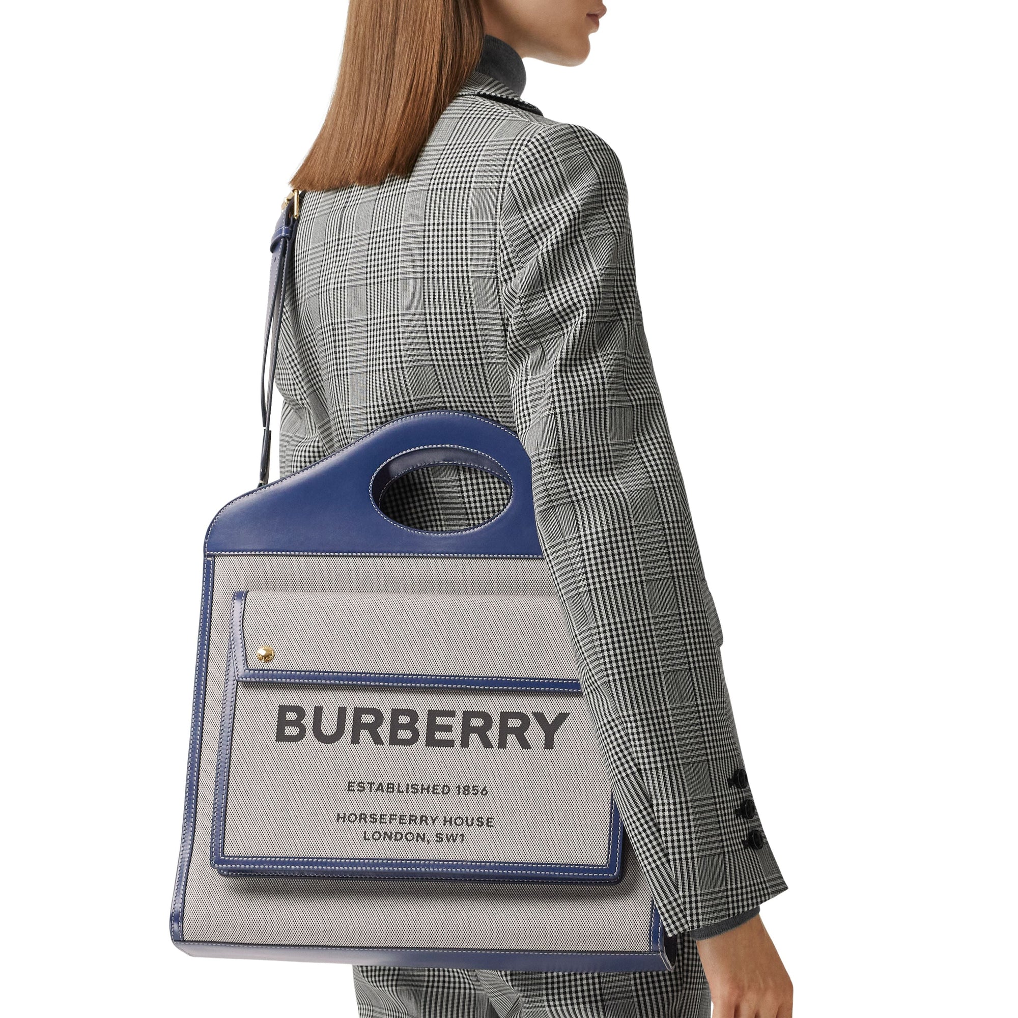 Sac pocket moyen en toile et cuir bicolore - Bleu marine encre