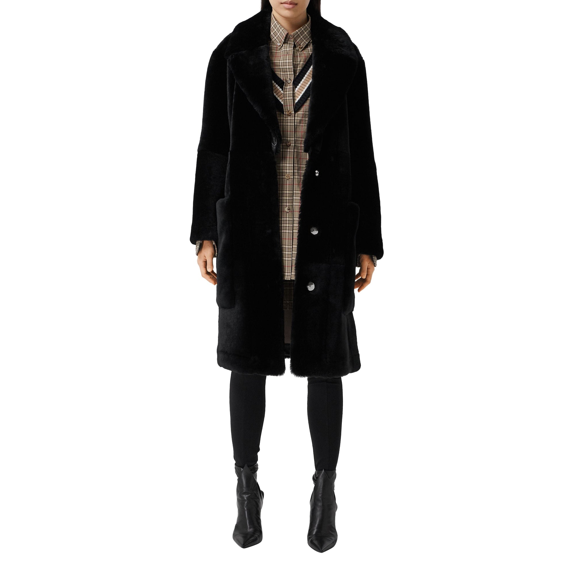BLACK Manteau ajusté en shearling avec cuir d'agneau