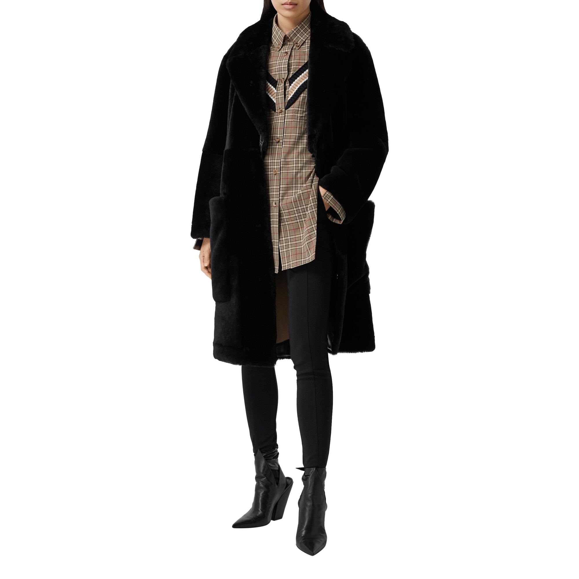 BLACK Manteau ajusté en shearling avec cuir d'agneau
