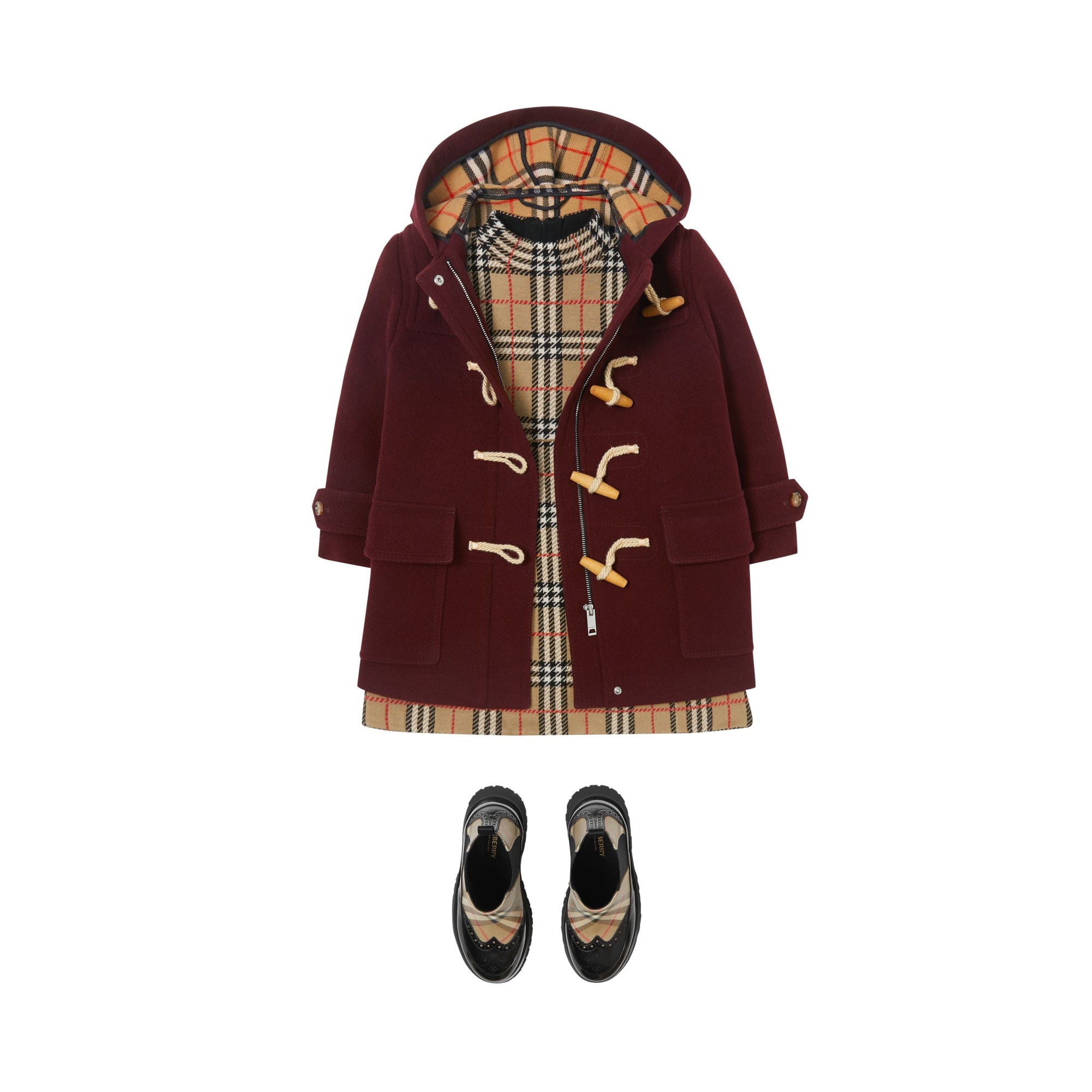 BURGUNDY IP CHECK Duffle-coat en laine double face