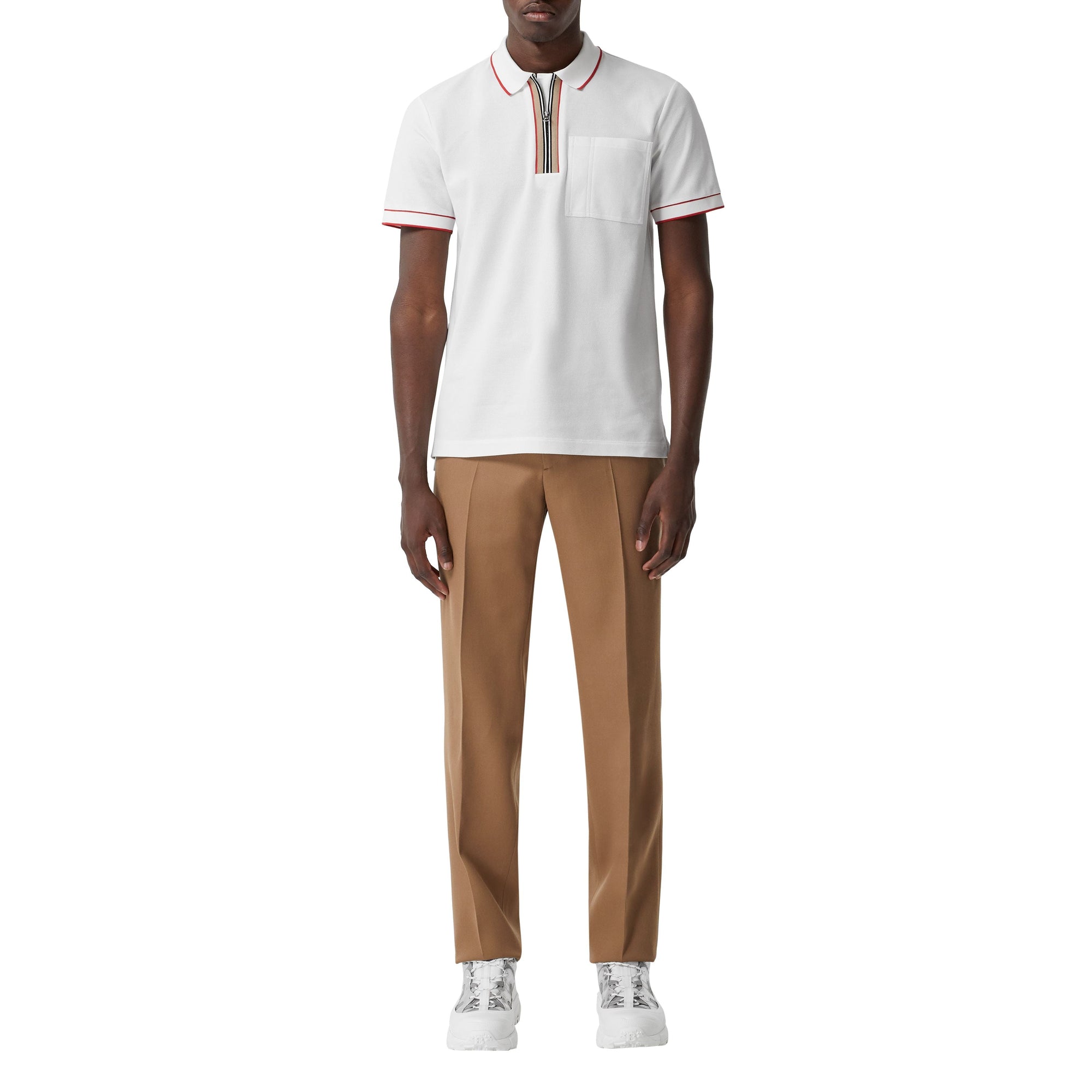 WHITE Polo zippé en coton avec rayures iconiques