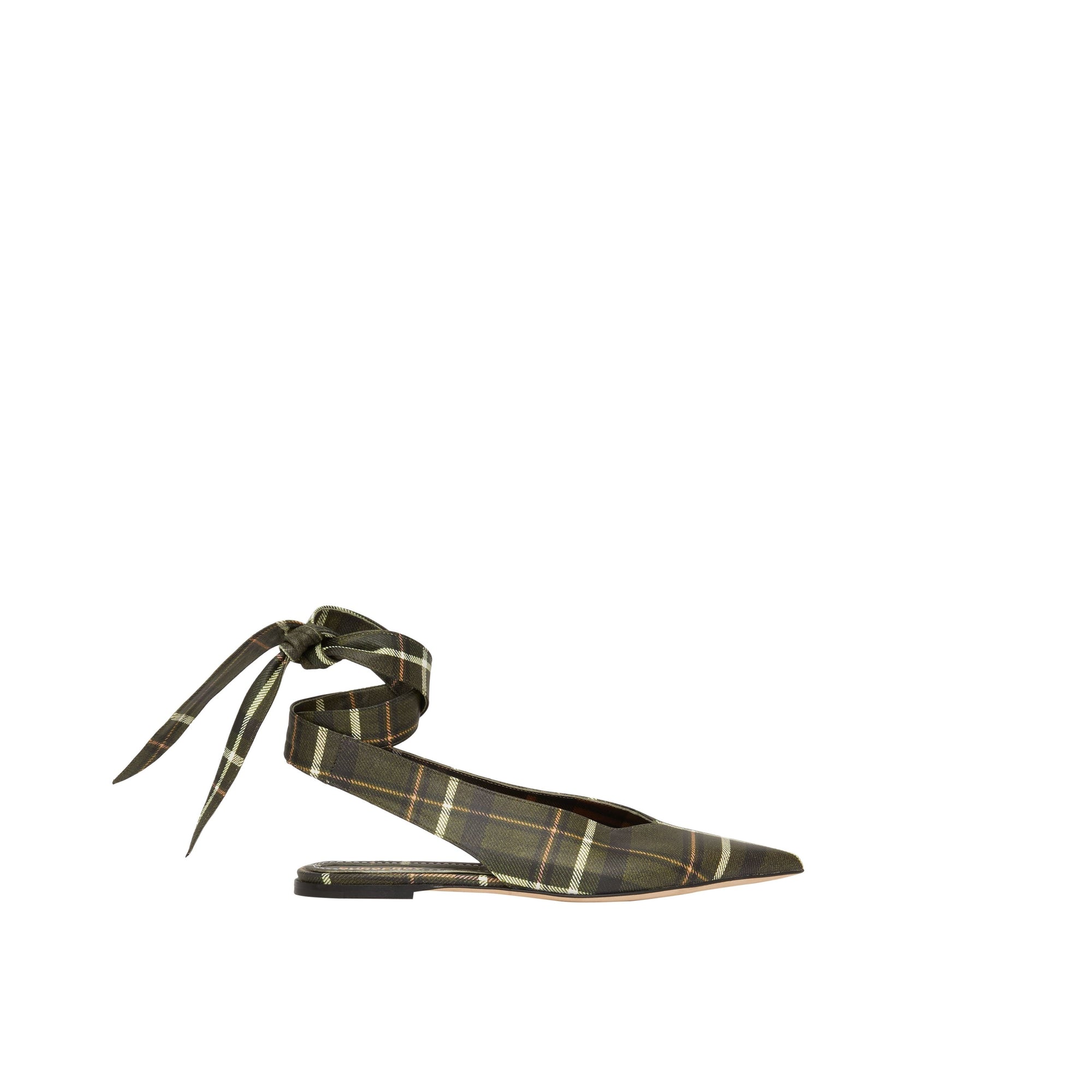 DARK KHAKI GREEN Mules à bout pointu en cuir tartan avec nœud
