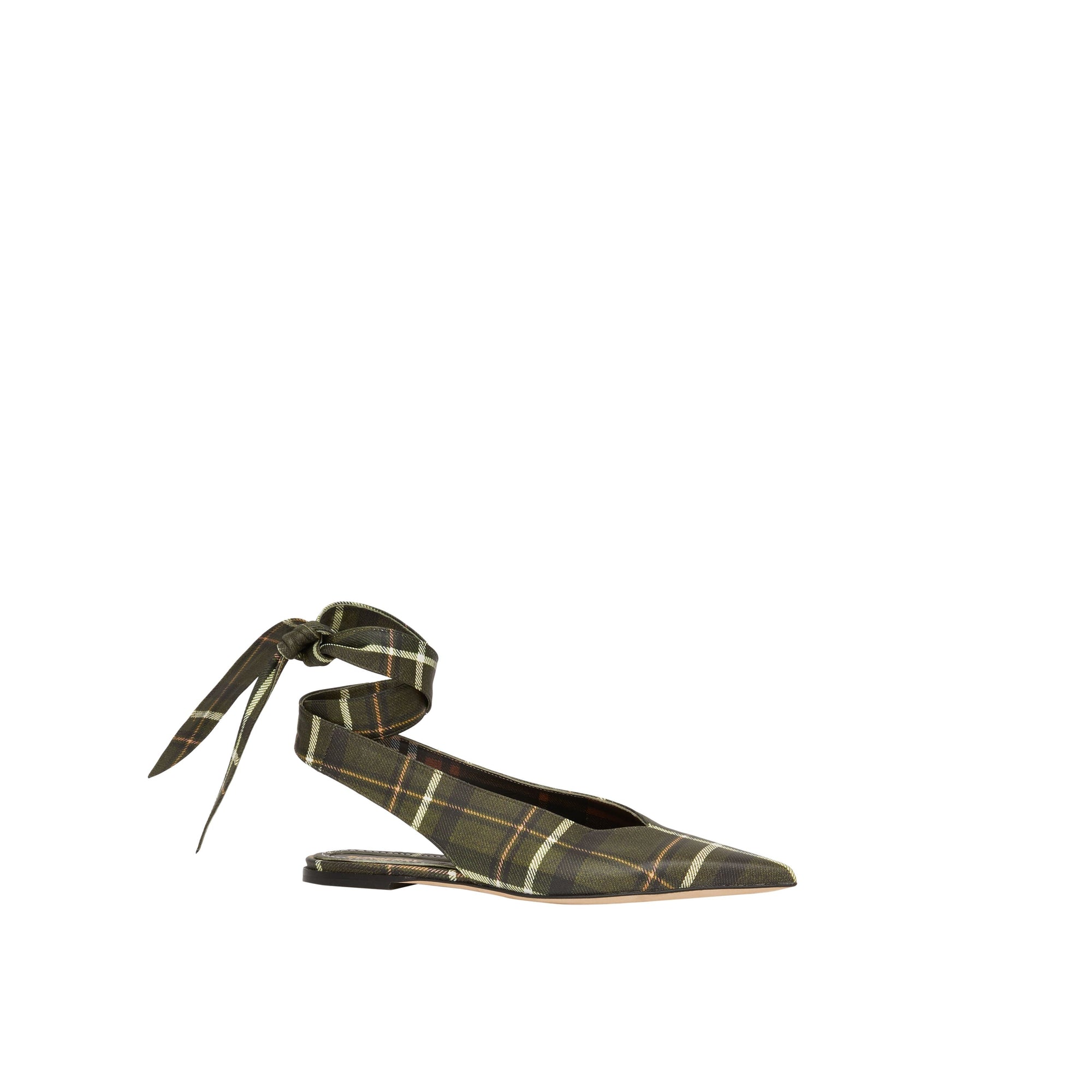 DARK KHAKI GREEN Mules à bout pointu en cuir tartan avec nœud