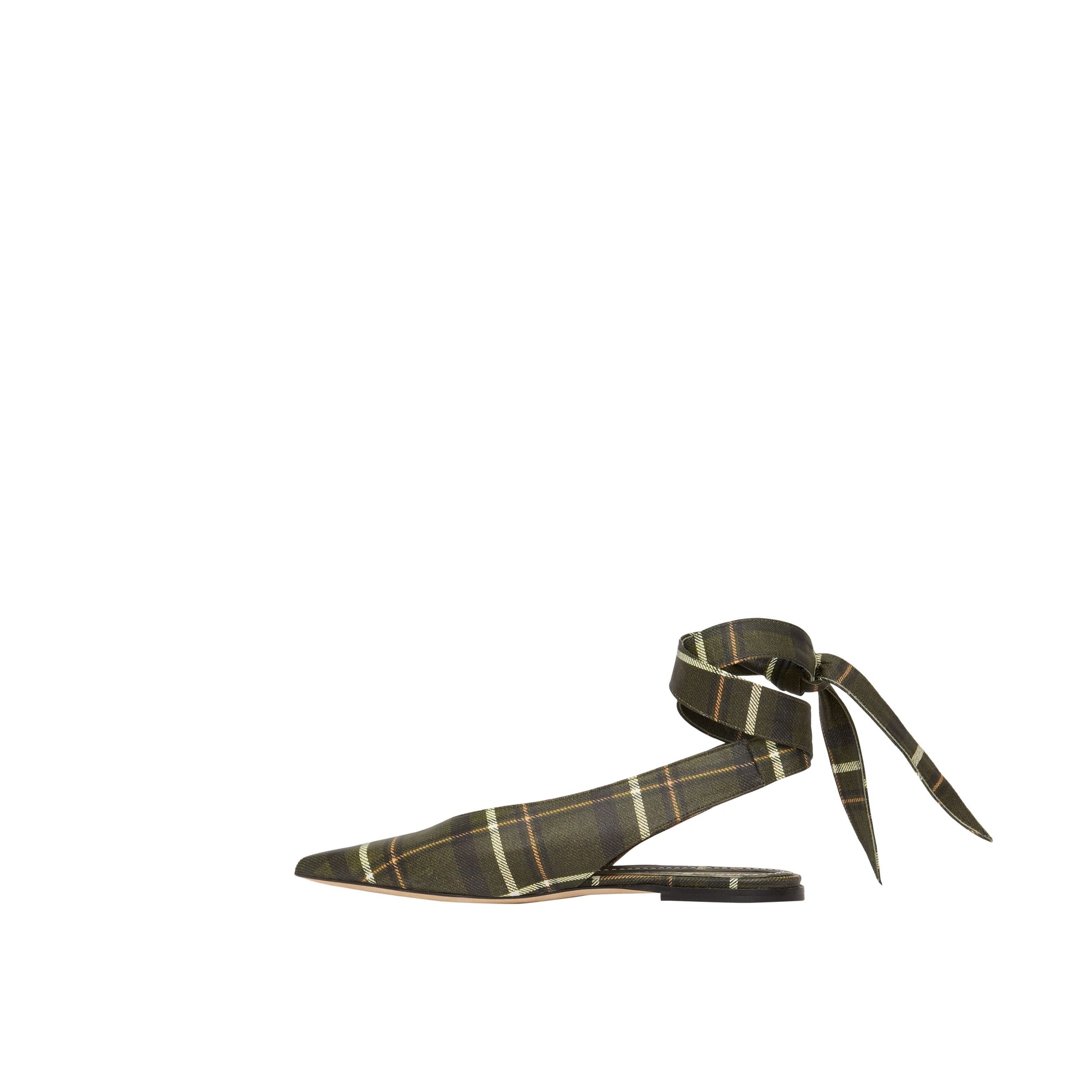DARK KHAKI GREEN Mules à bout pointu en cuir tartan avec nœud