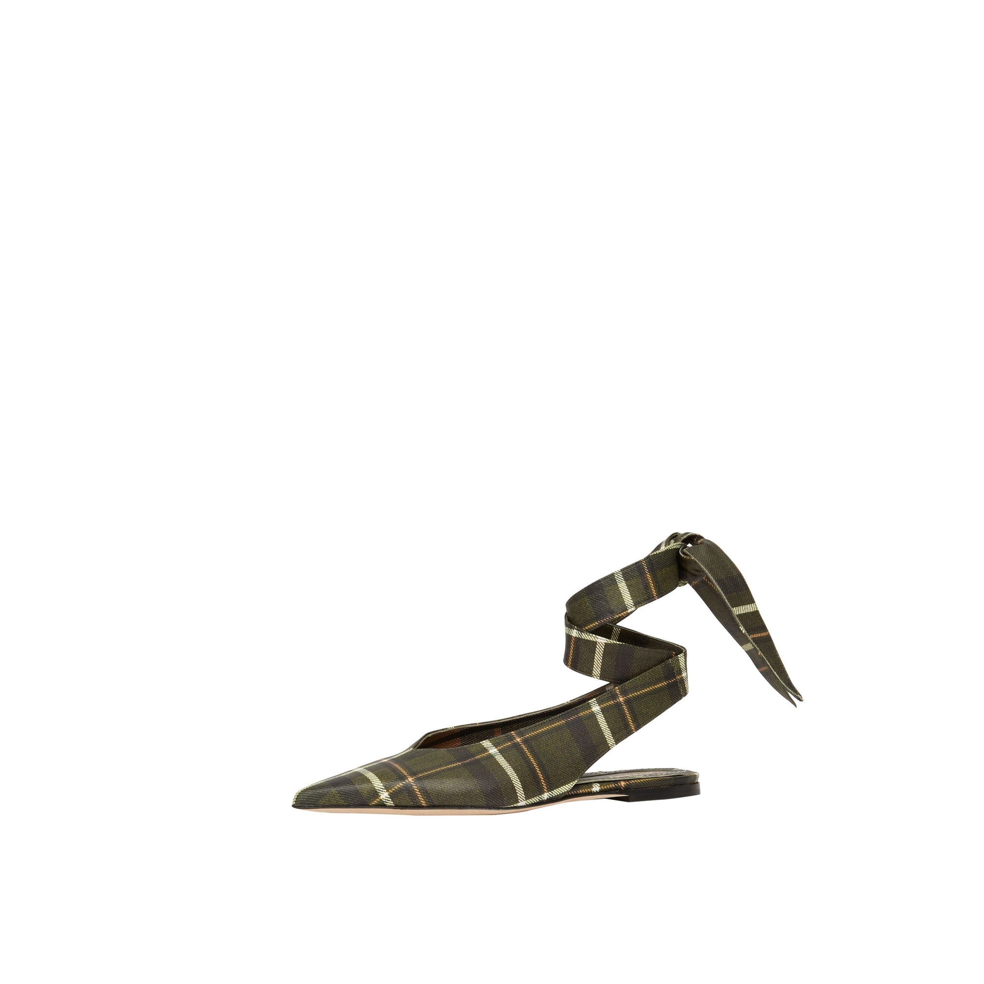 DARK KHAKI GREEN Mules à bout pointu en cuir tartan avec nœud