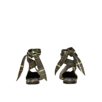 DARK KHAKI GREEN Mules à bout pointu en cuir tartan avec nœud