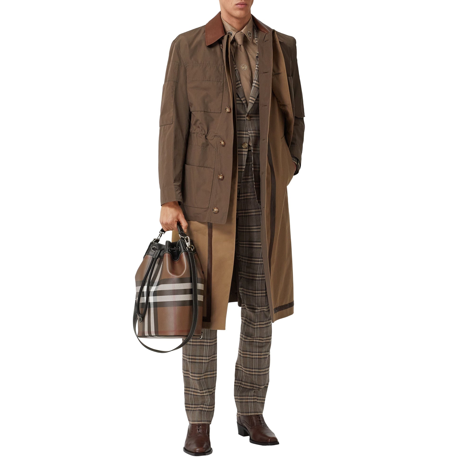 DARK BIRCH BROWN Cabas en cuir check avec cordon de serrage