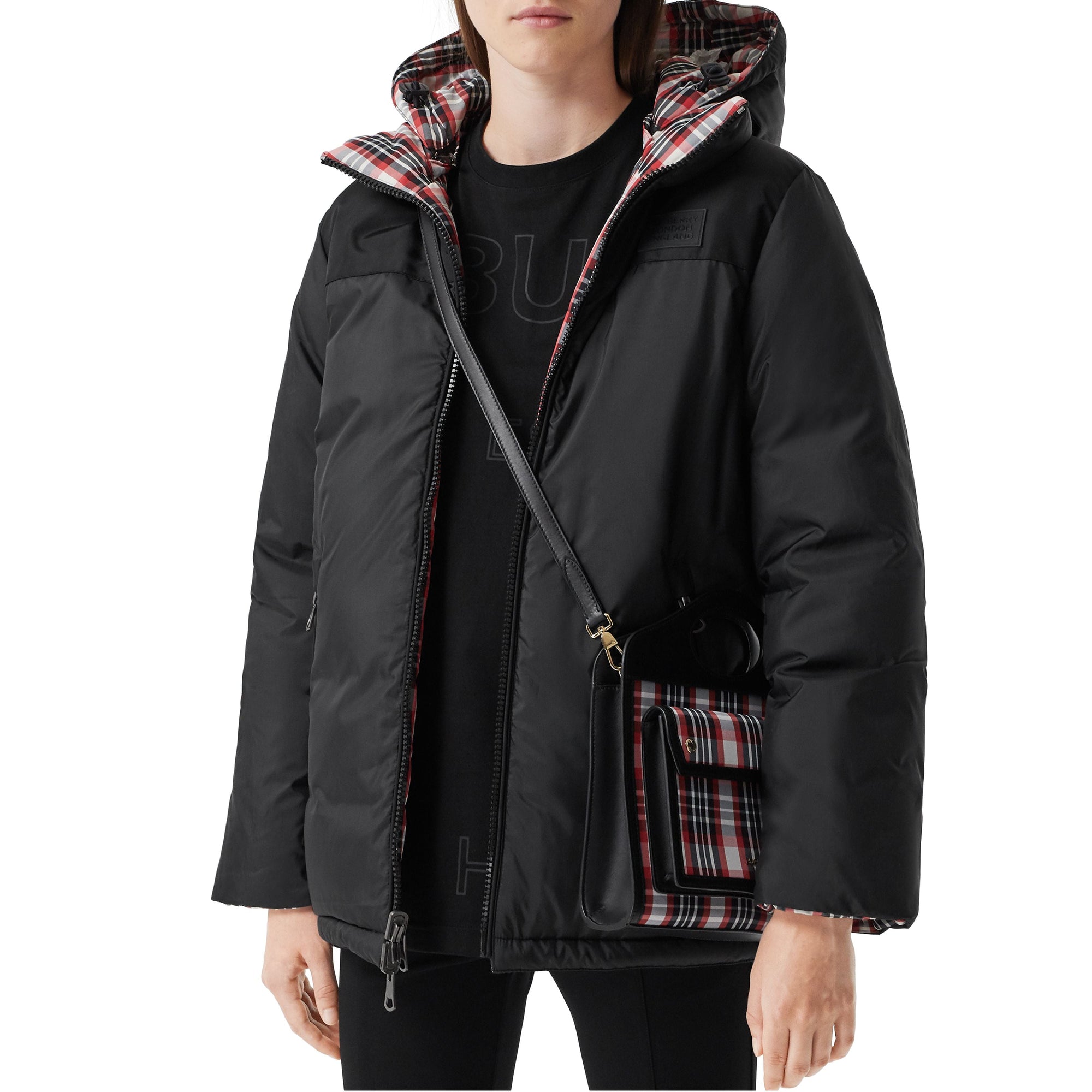 Mini sac Pocket en nylon tartan et cuir - Rouge Vif