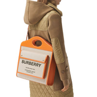 Sac pocket moyen en toile et cuir bicolore - Beige & orange
