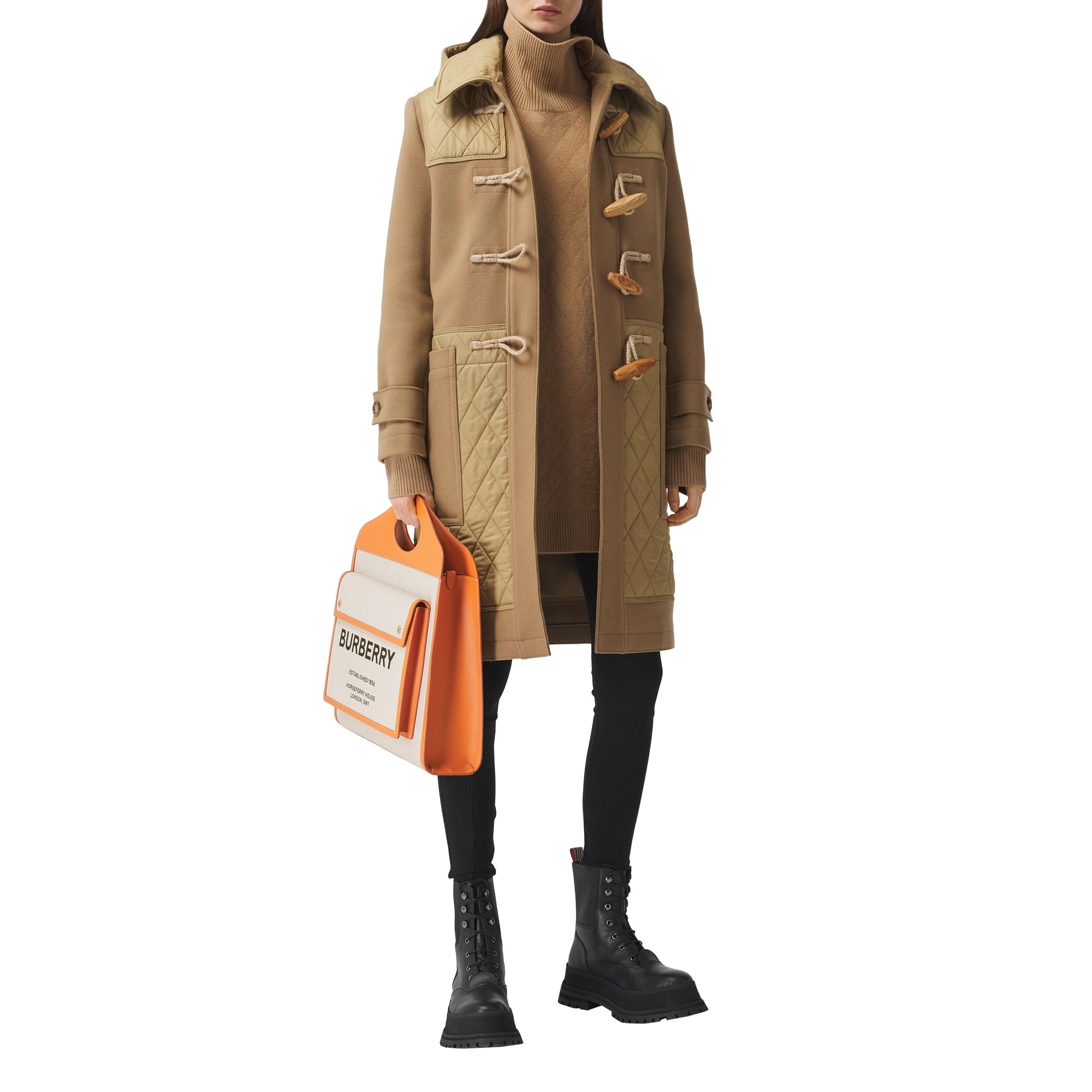 Sac pocket moyen en toile et cuir bicolore - Beige & orange