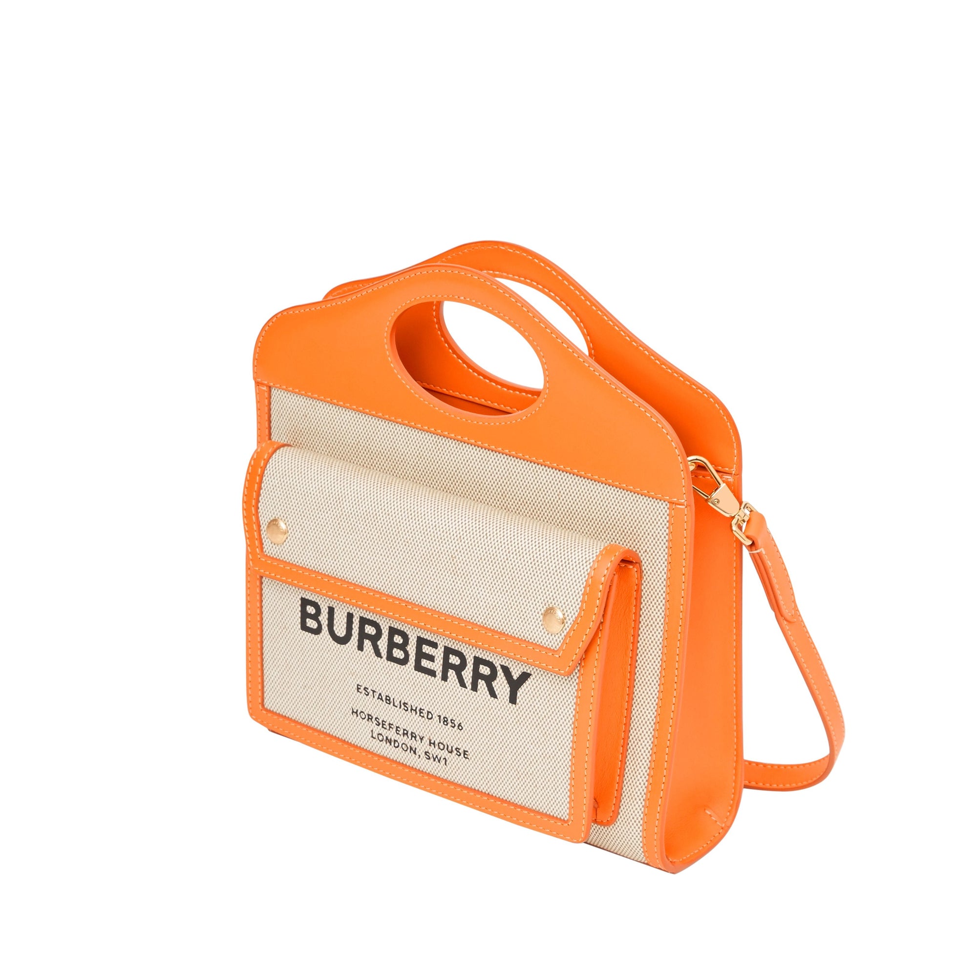 Sac pocket moyen en toile et cuir bicolore - Beige & orange