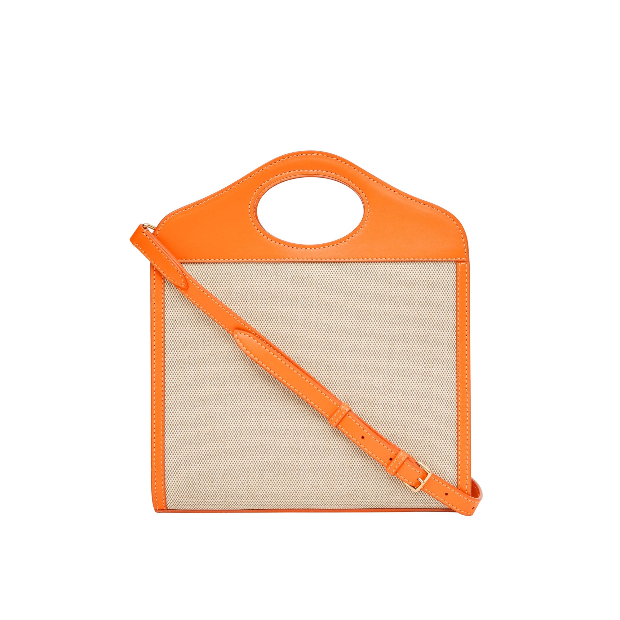 Sac pocket moyen en toile et cuir bicolore - Beige & orange