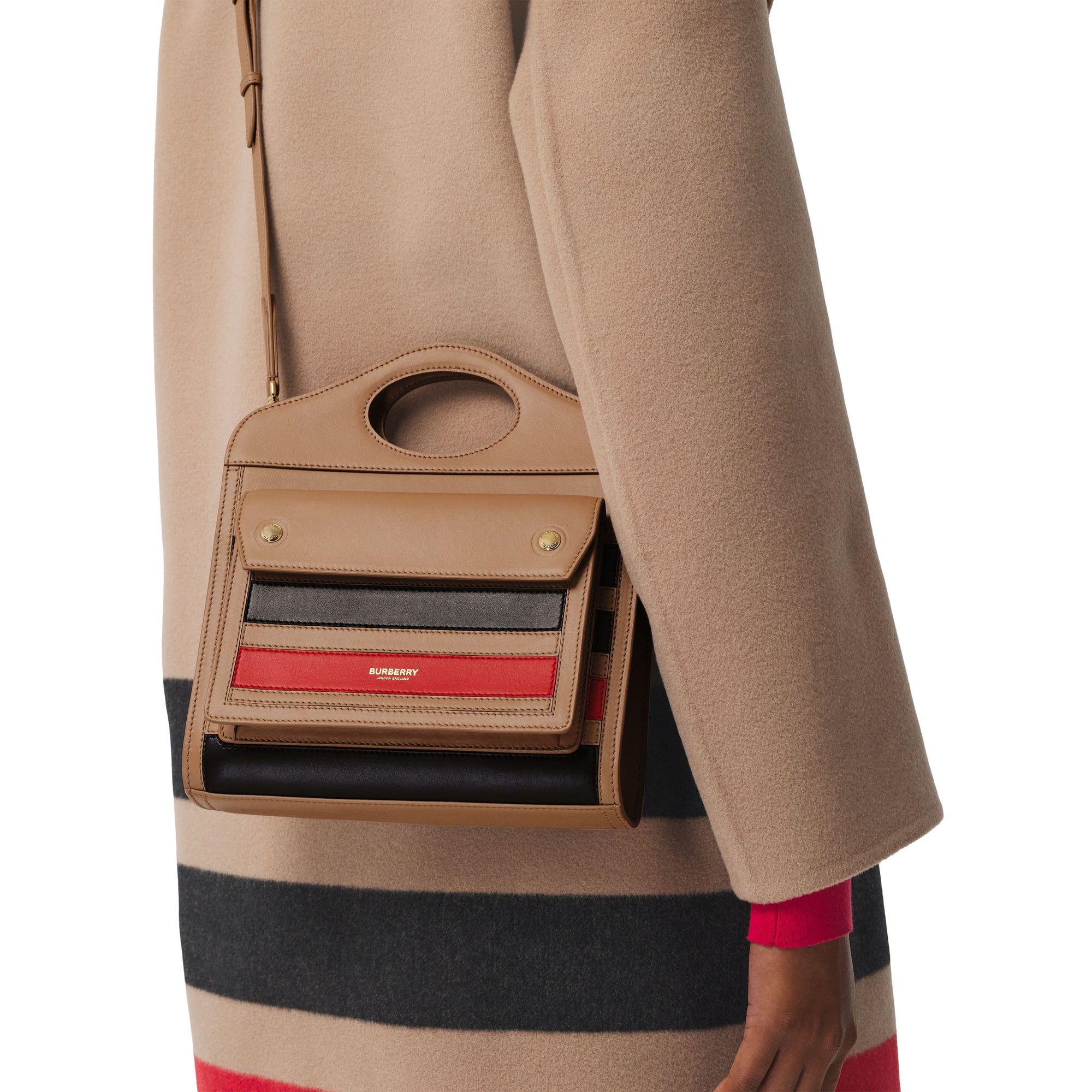 Mini sac Pocket en cuir rayé en intarsia - Camel