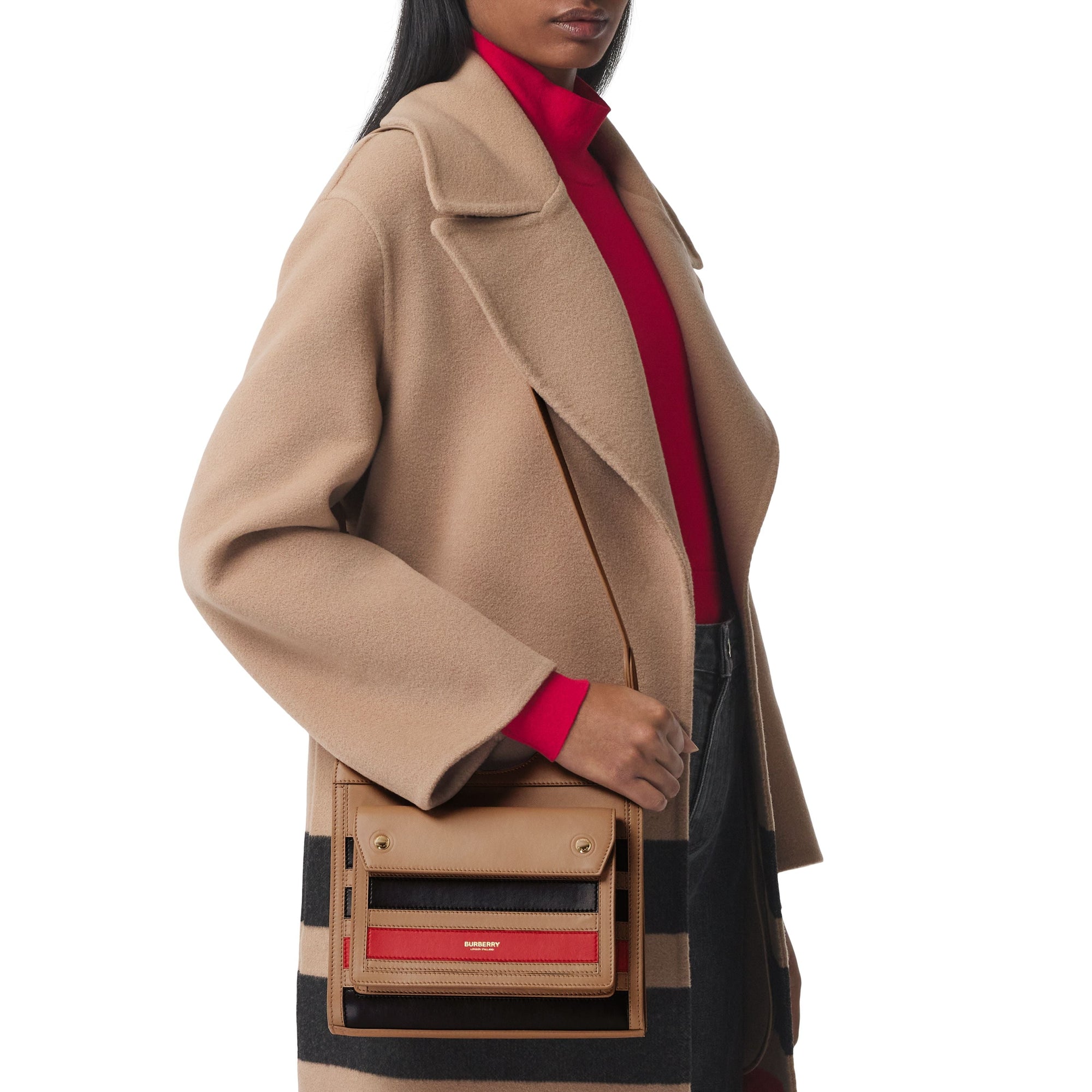 Mini sac pocket en cuir rayé en intarsia - Camel