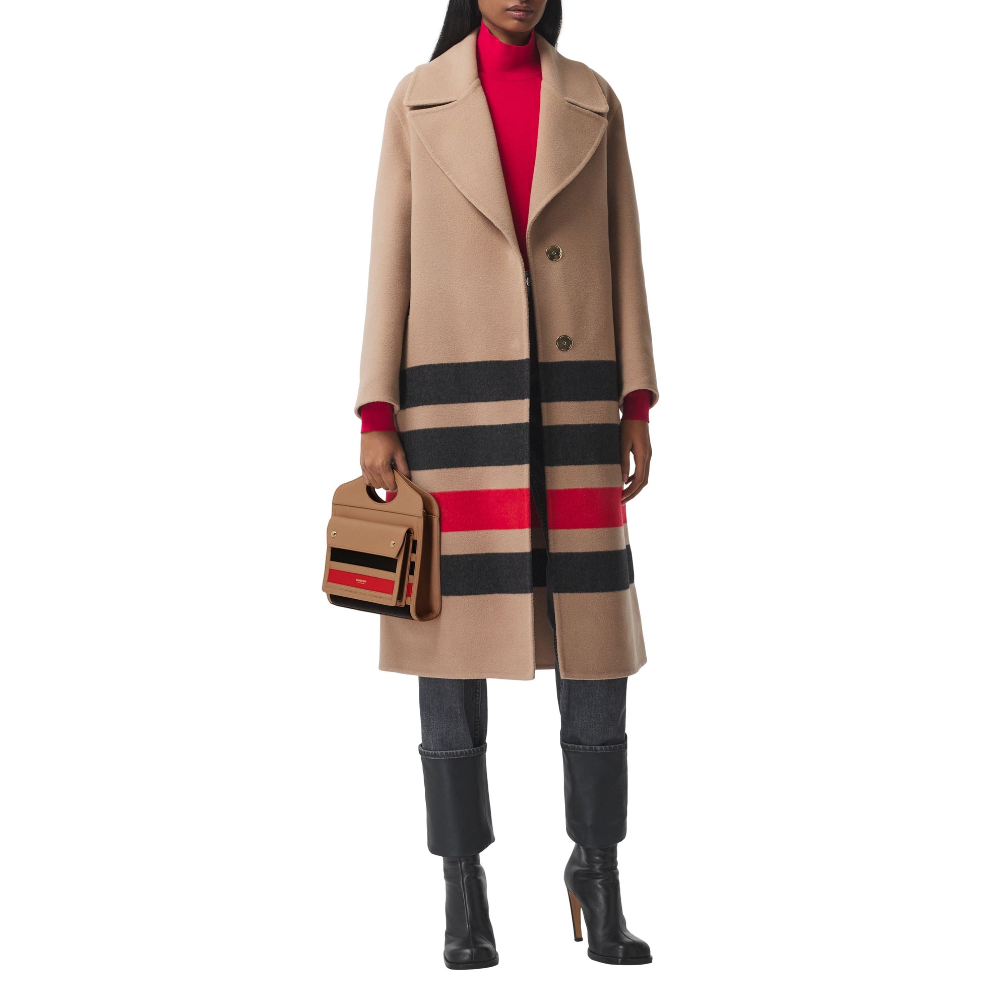Mini sac pocket en cuir rayé en intarsia - Camel