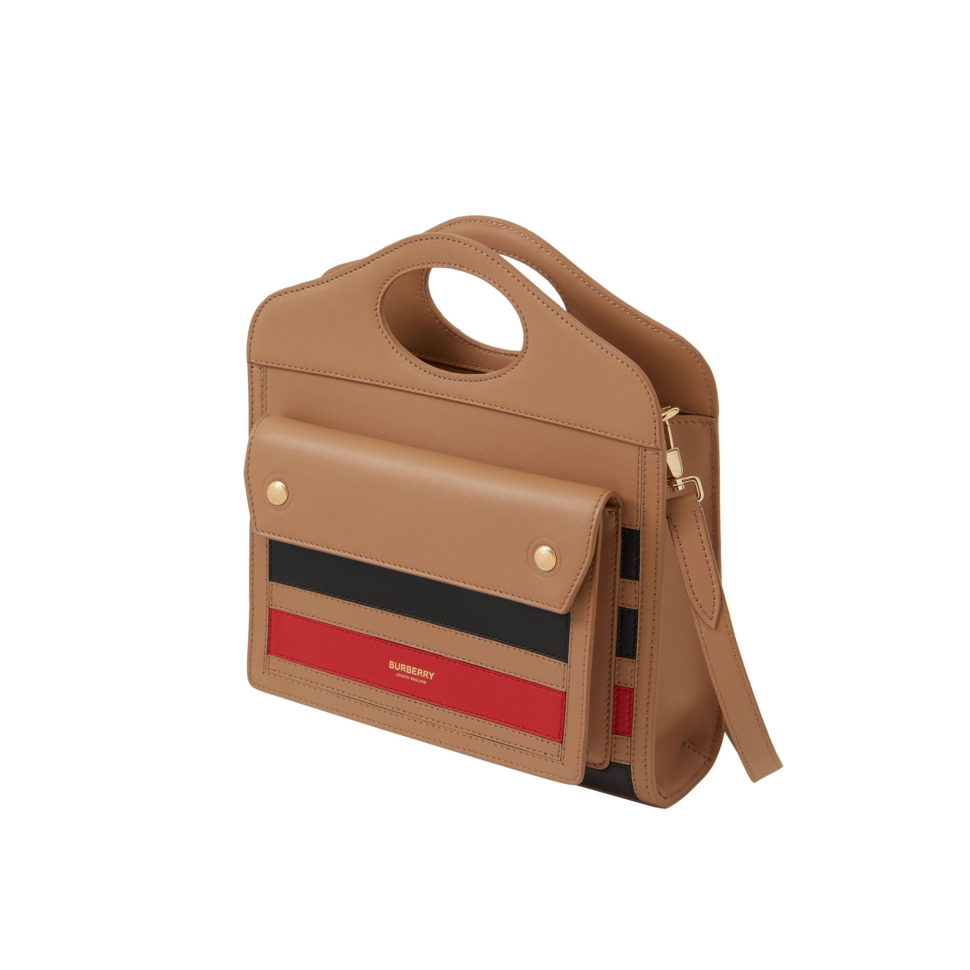 Mini sac pocket en cuir rayé en intarsia - Camel
