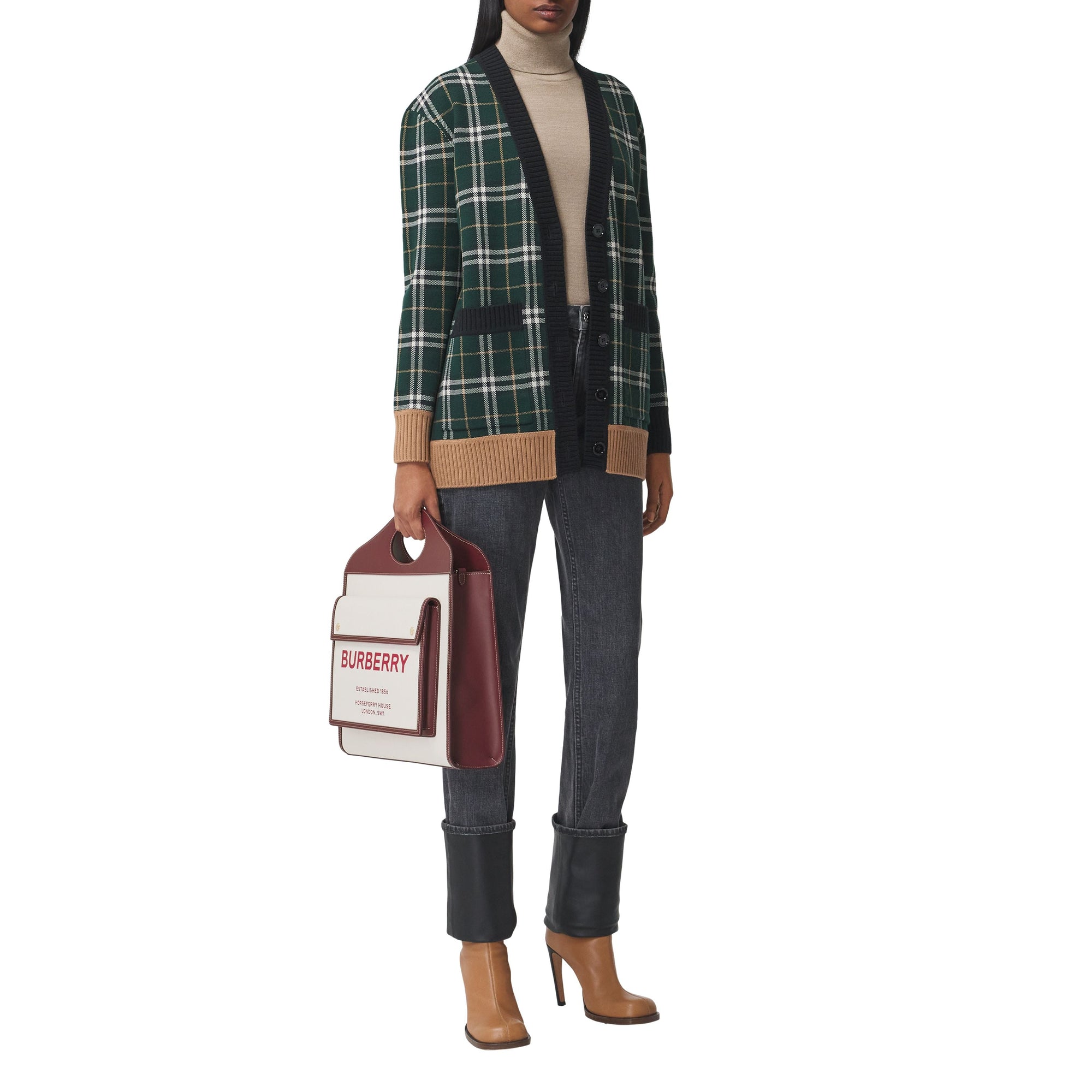 Sac Pocket moyen en toile et cuir bicolore - Naturel & Grenat