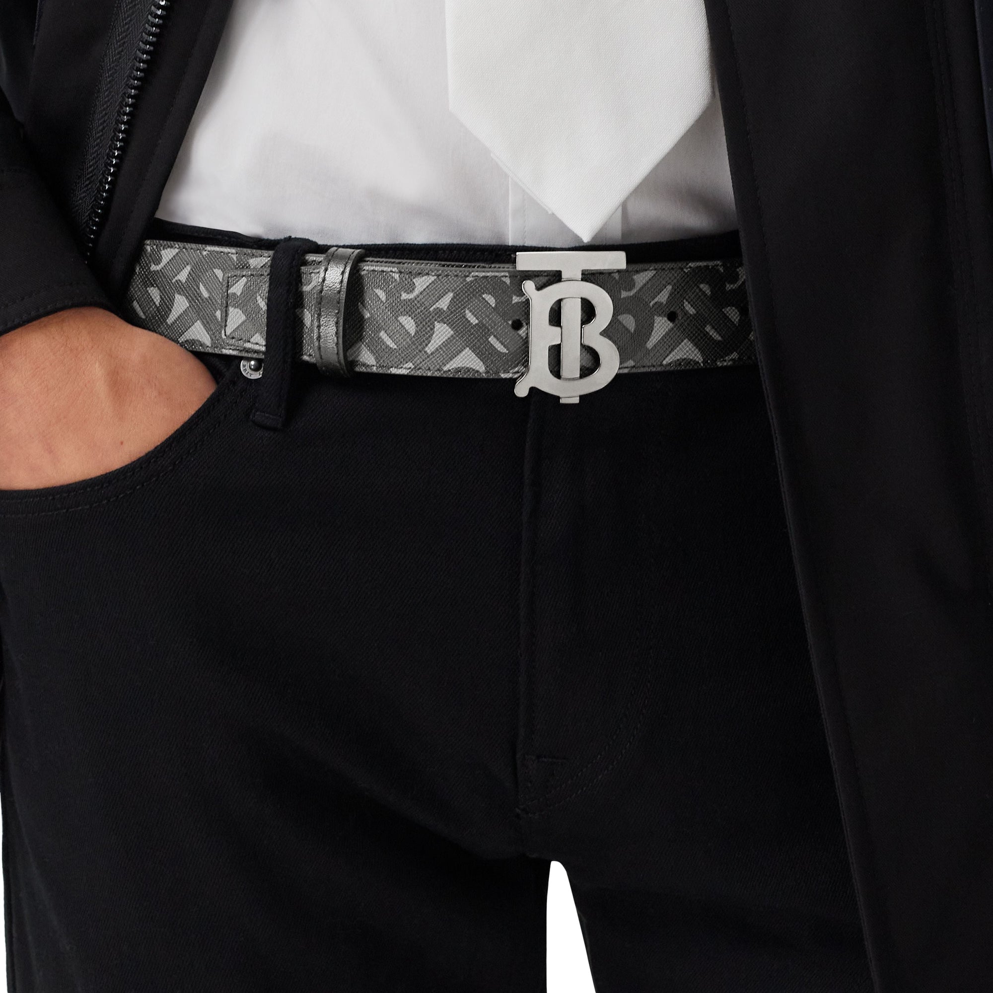 Ceinture en toile écologique et cuir monogram - Anthracite & noir