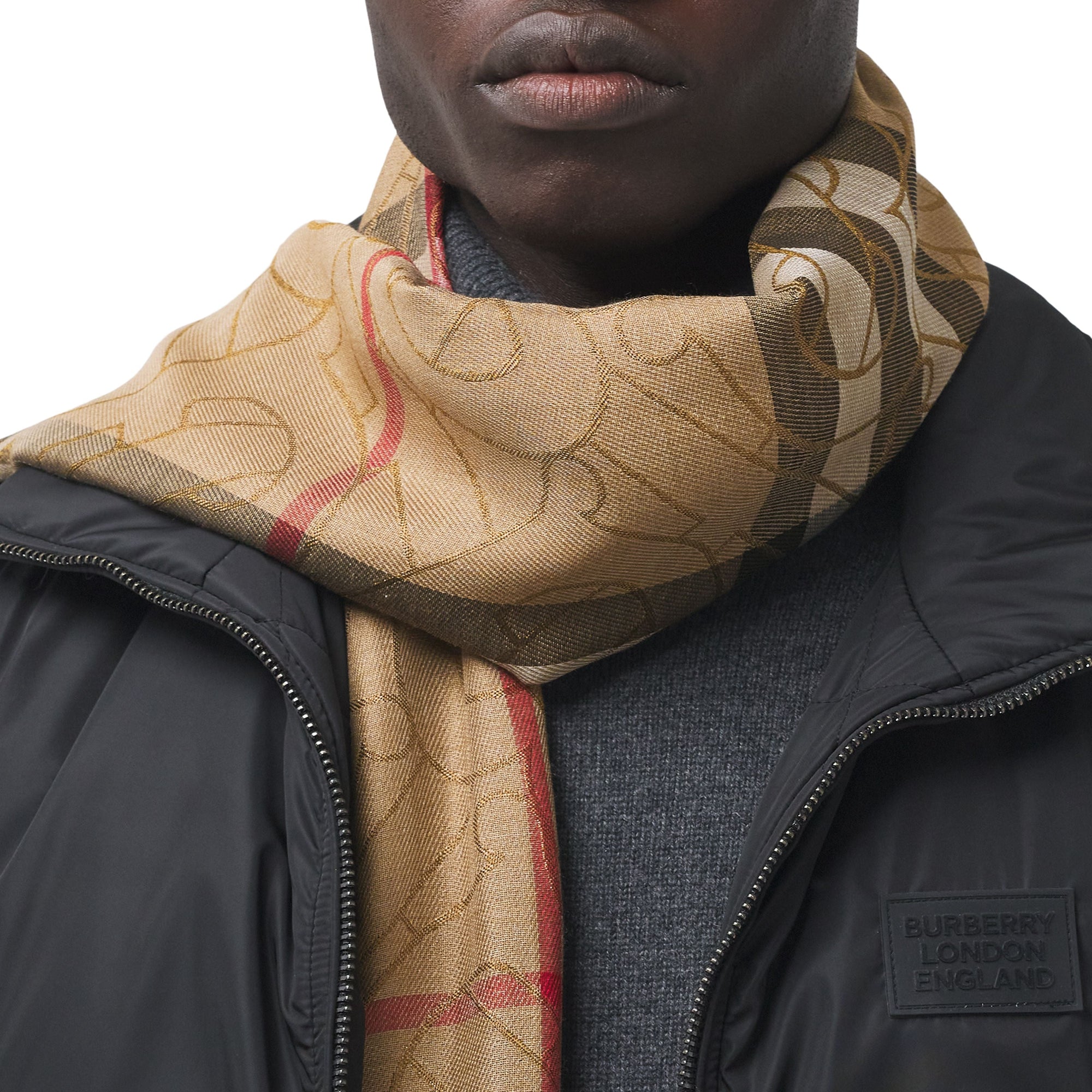 ARCHIVE BEIGE Écharpe légère en soie et laine check métallisée Monogram