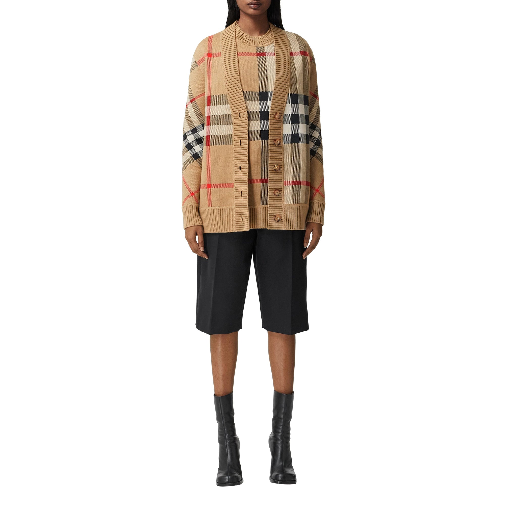 Cardigan en jacquard de laine technique check - Beige d'Archive