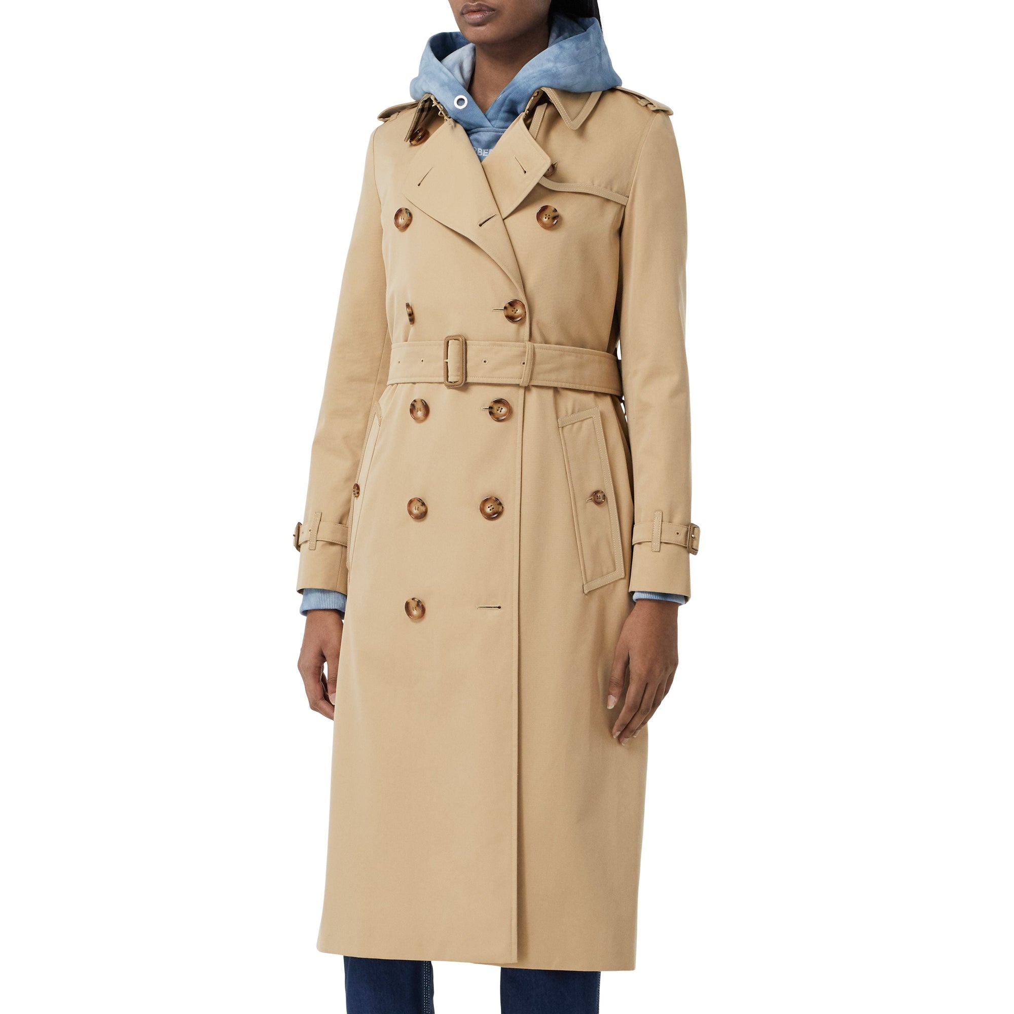 Trench-coat en gabardine de coton bordé de cuir - Miel