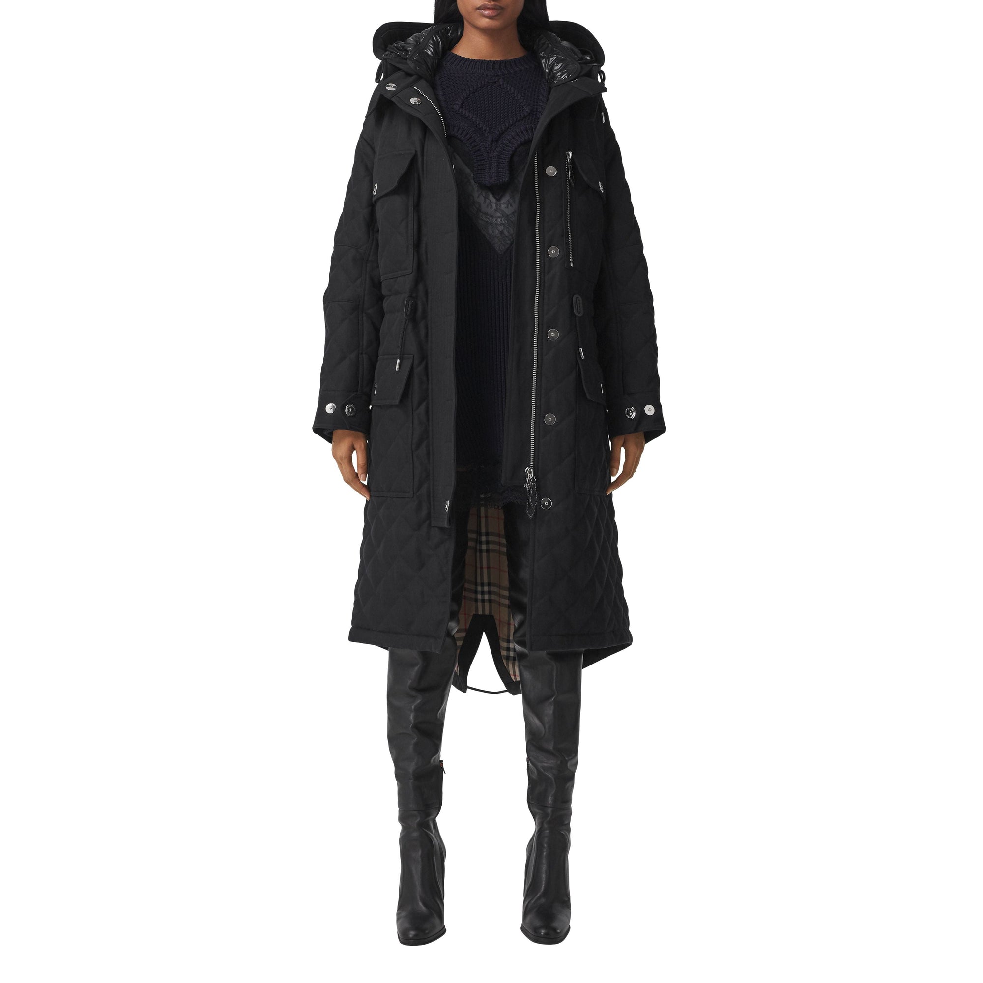 BLACK/BLACK Parka matelassée en ramie et coton avec capuche amovible