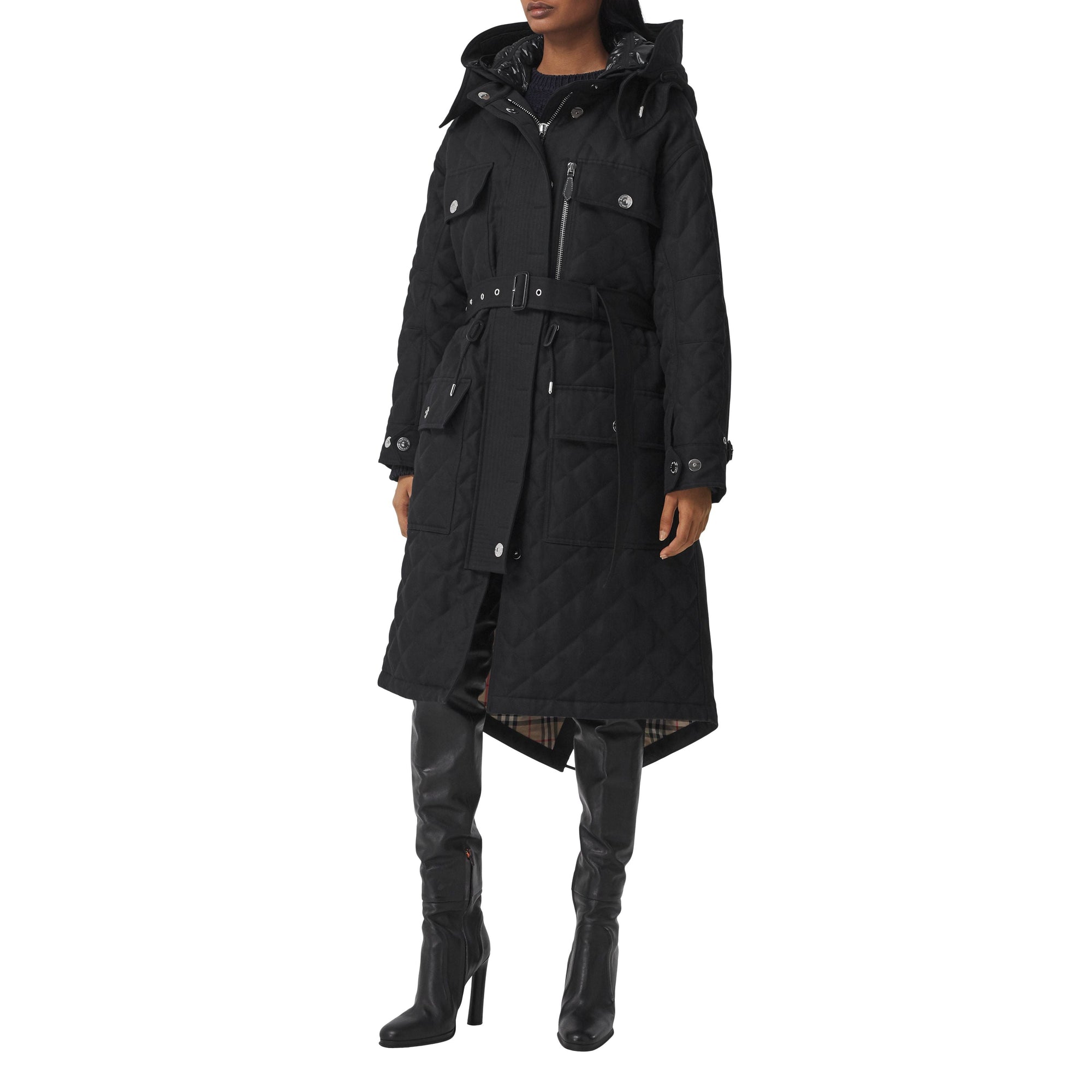 BLACK/BLACK Parka matelassée en ramie et coton avec capuche amovible