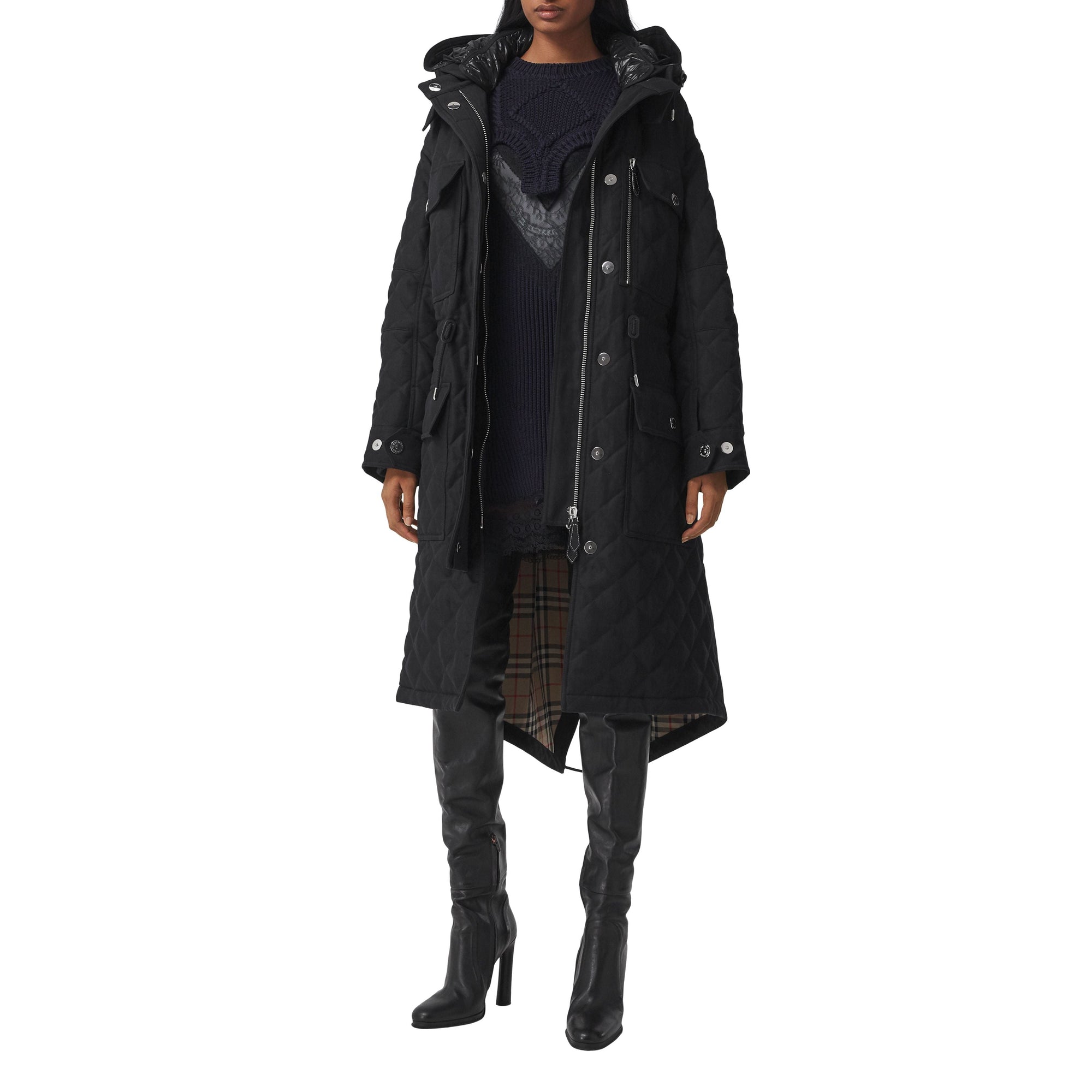 BLACK/BLACK Parka matelassée en ramie et coton avec capuche amovible
