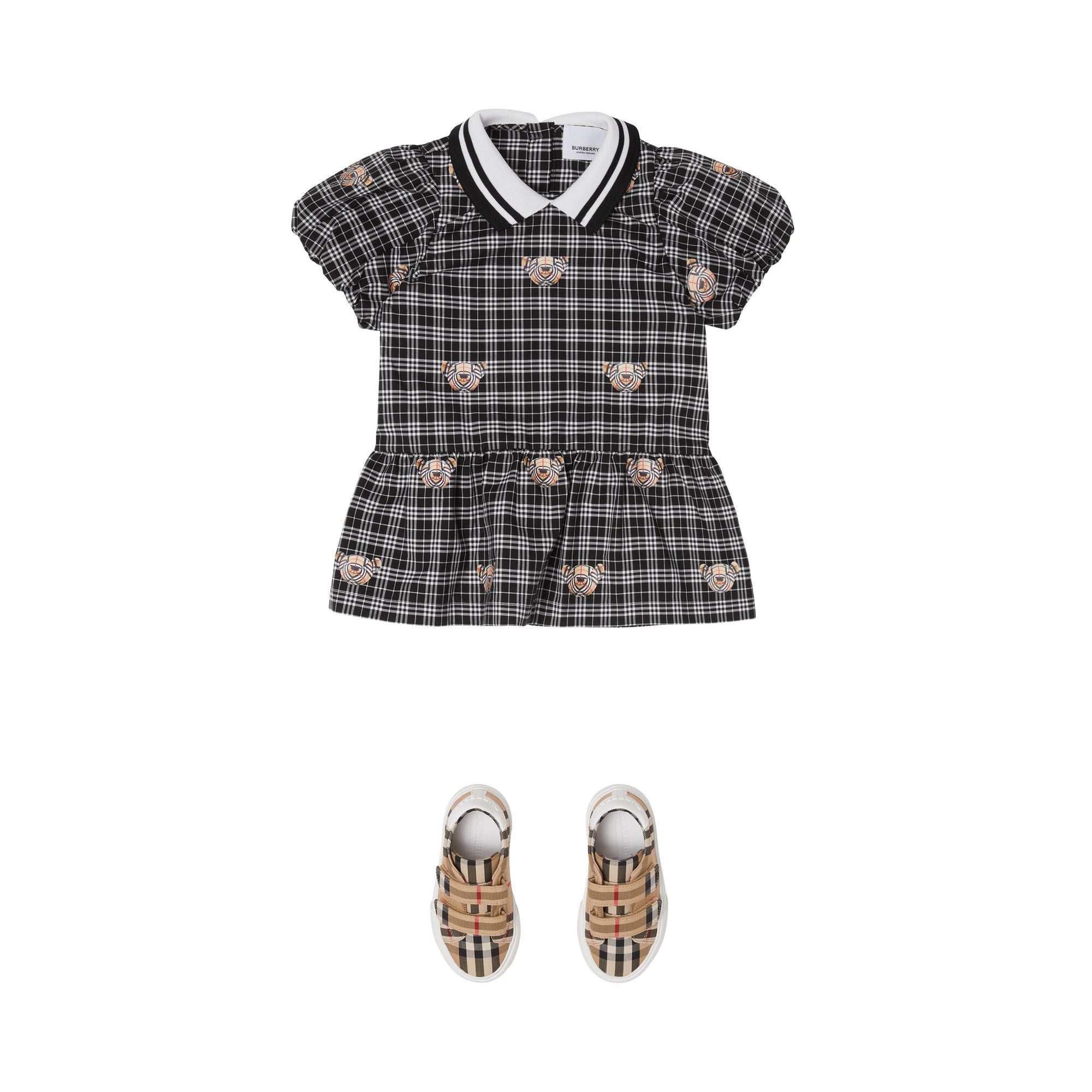 BLACK/WHITE IP PATTE Robe à manches bouffantes en coton check avec imprimé Thomas Bear
