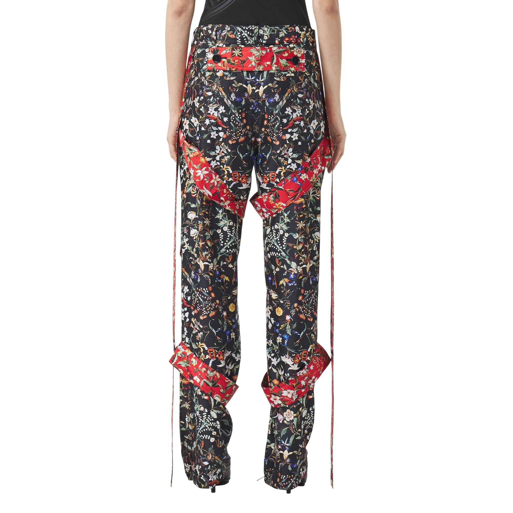 BLACK IP PATTERN Pantalon cargo en soie à imprimé floral avec lanières amovibles