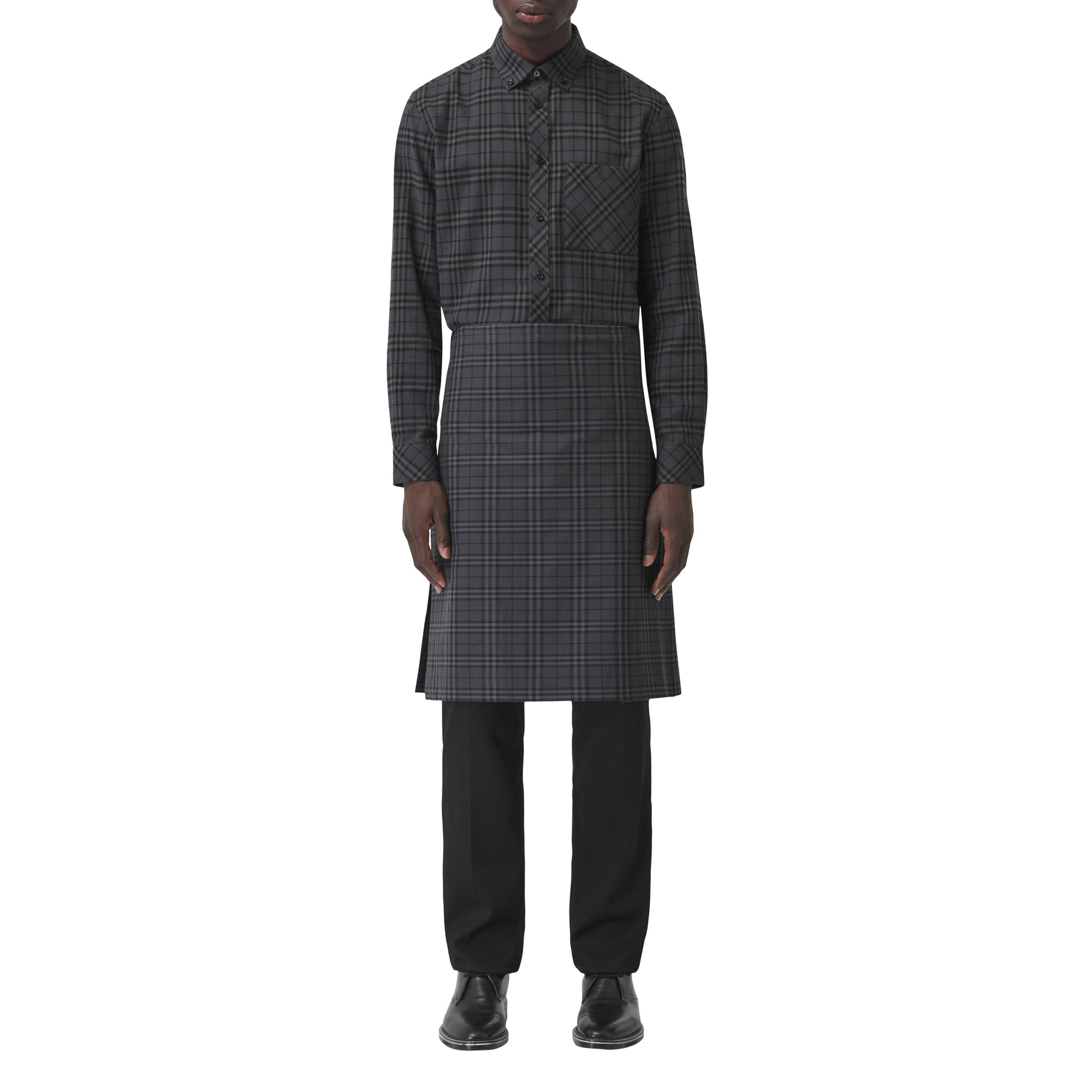 DARK CHARCOAL IP CHK Kilt en coton check avec détails en cuir