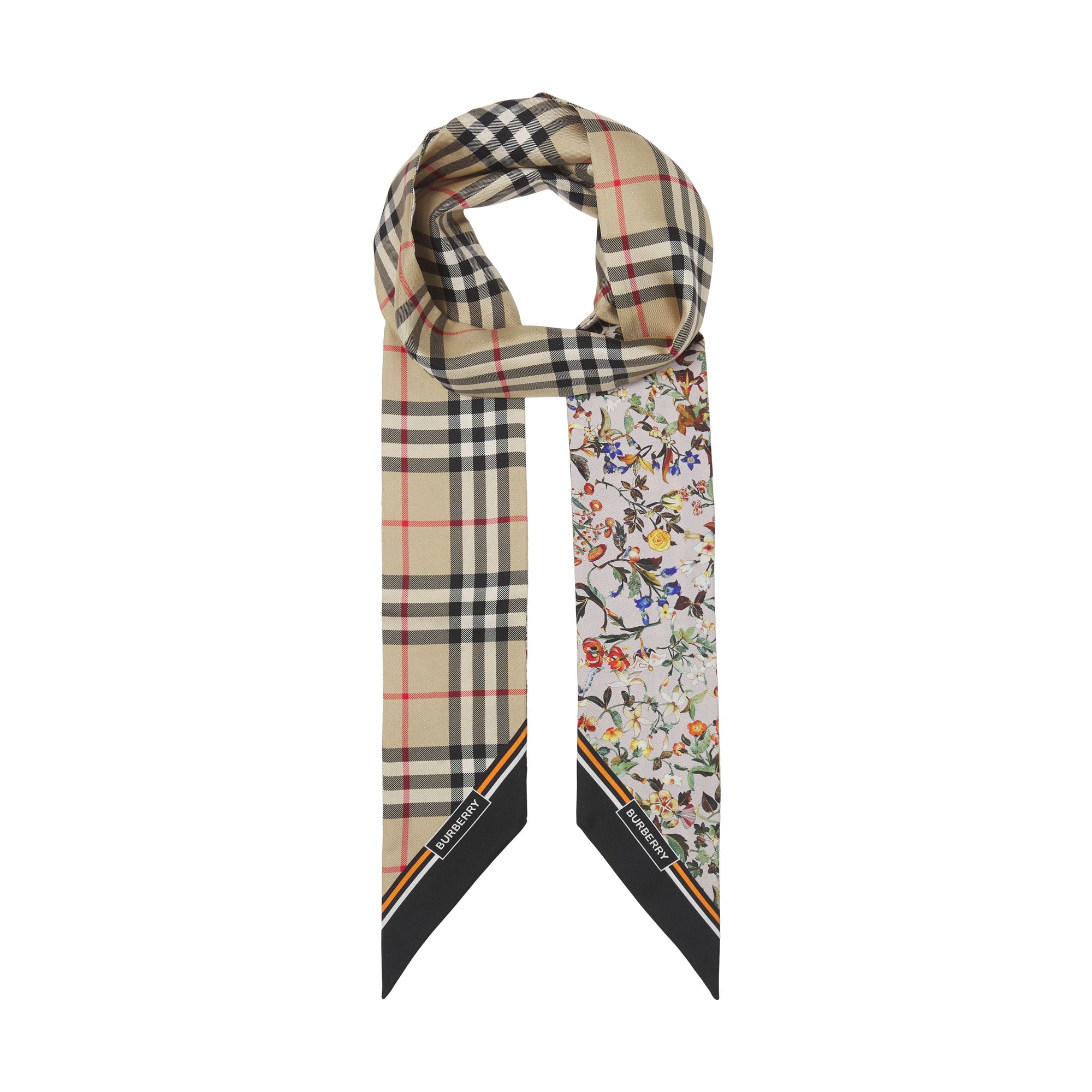 BEIGE Foulard ultrafin en soie avec Vintage check et imprimé floral