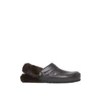 BLACK Mules en cuir à talon ouvert avec fausse fourrure