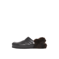 BLACK Mules en cuir à talon ouvert avec fausse fourrure