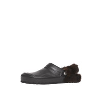 BLACK Mules en cuir à talon ouvert avec fausse fourrure