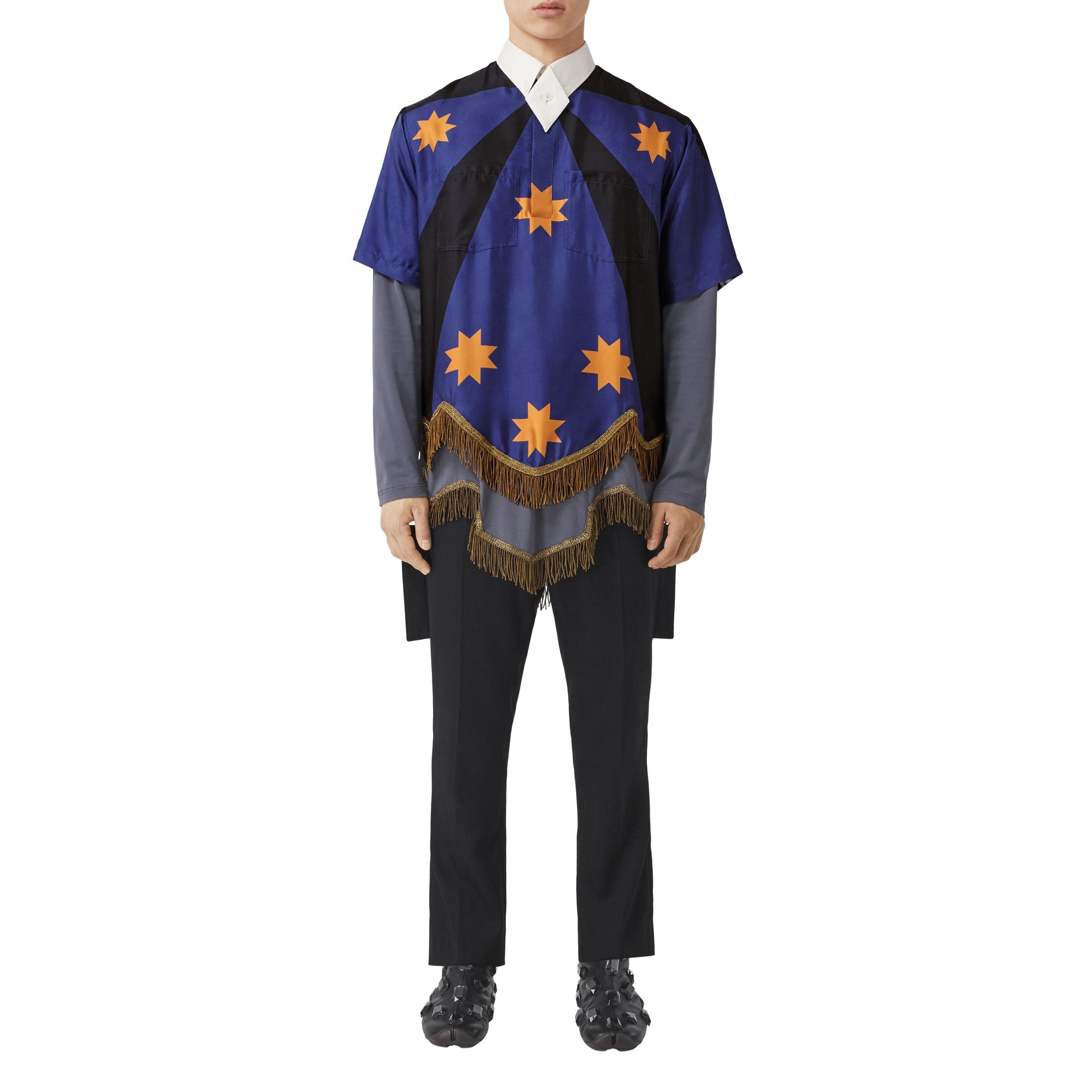BRIGHT NAVY IP PAT Chemise tunique en soie à imprimé géométrique avec franges en fil d'or