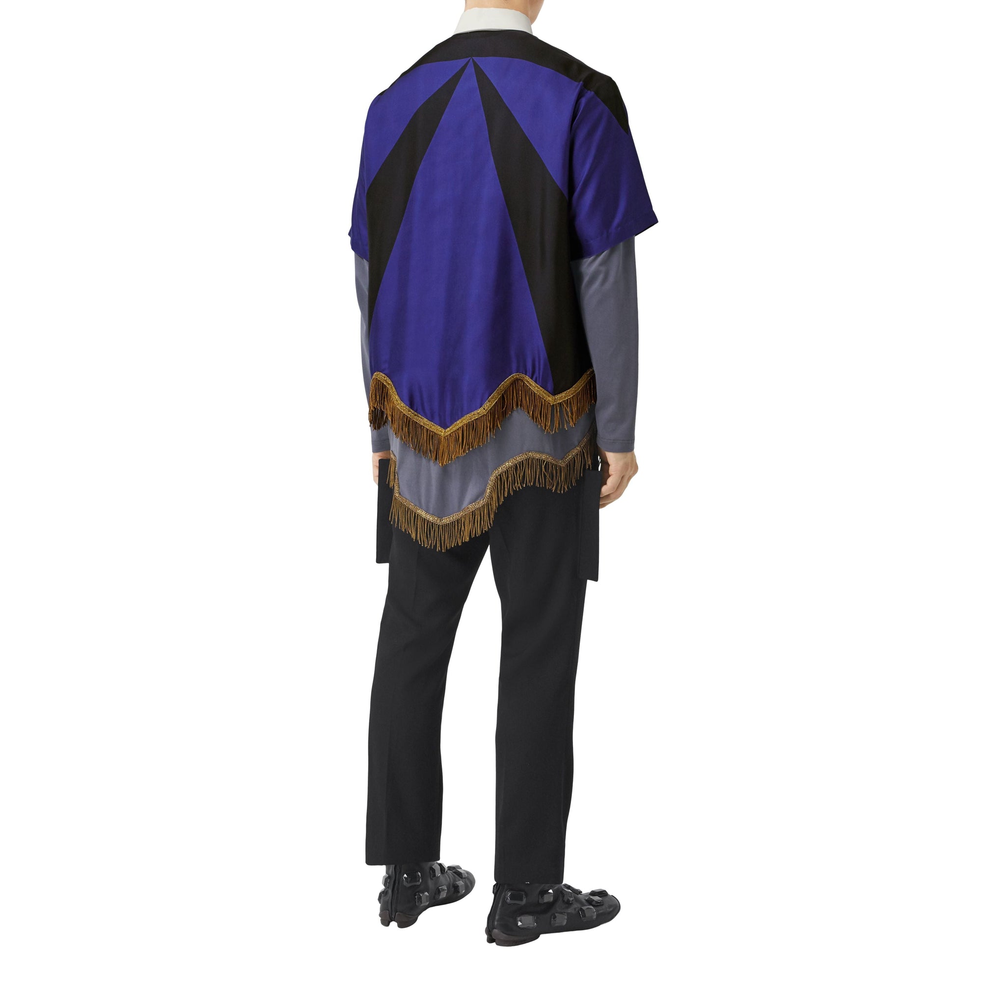 BRIGHT NAVY IP PAT Chemise tunique en soie à imprimé géométrique avec franges en fil d'or