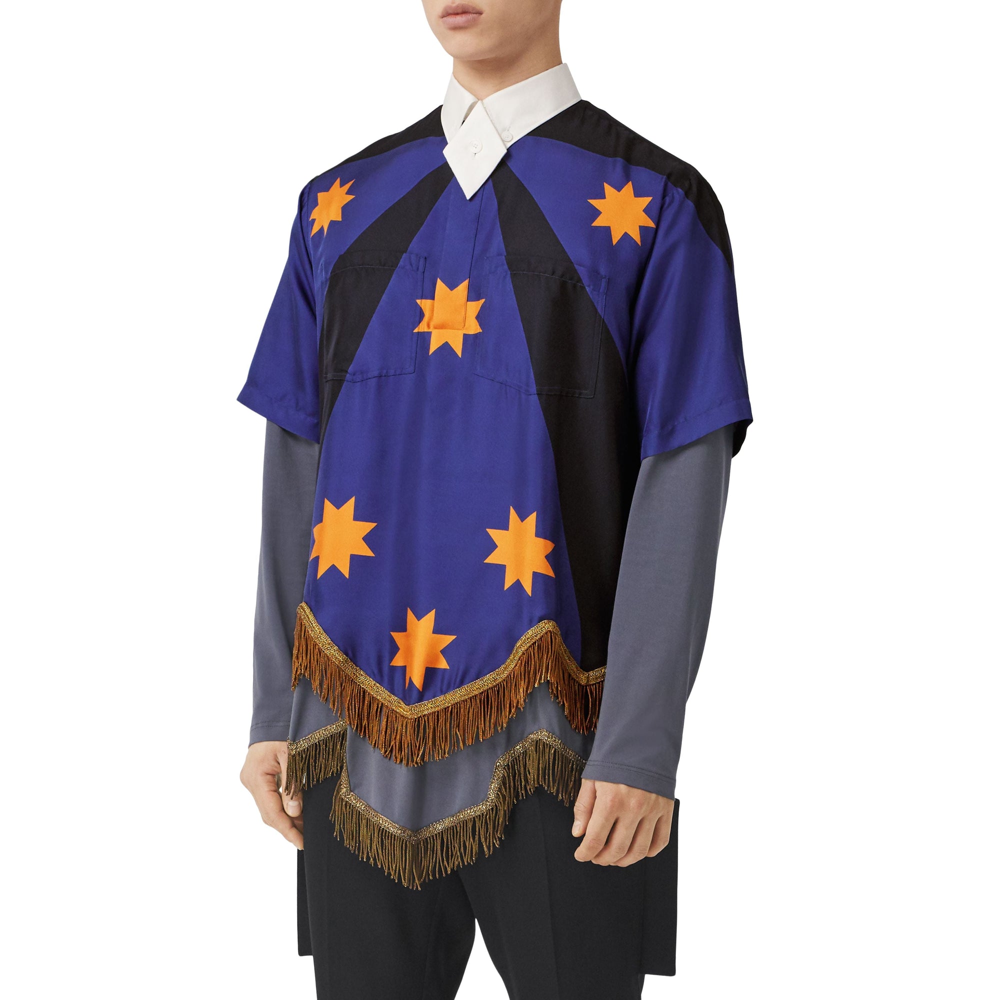BRIGHT NAVY IP PAT Chemise tunique en soie à imprimé géométrique avec franges en fil d'or
