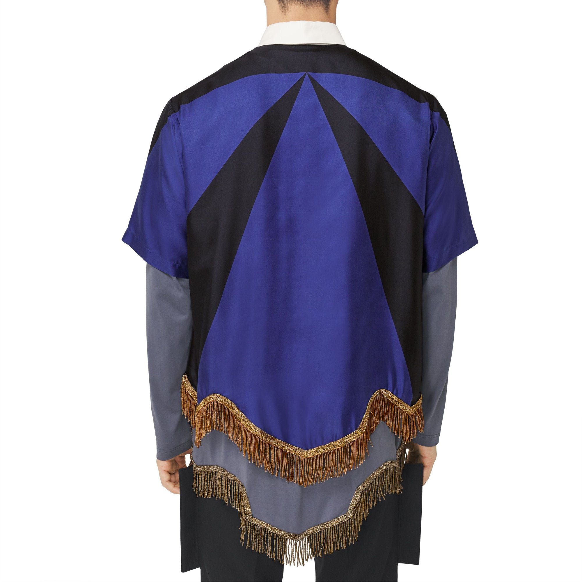 BRIGHT NAVY IP PAT Chemise tunique en soie à imprimé géométrique avec franges en fil d'or