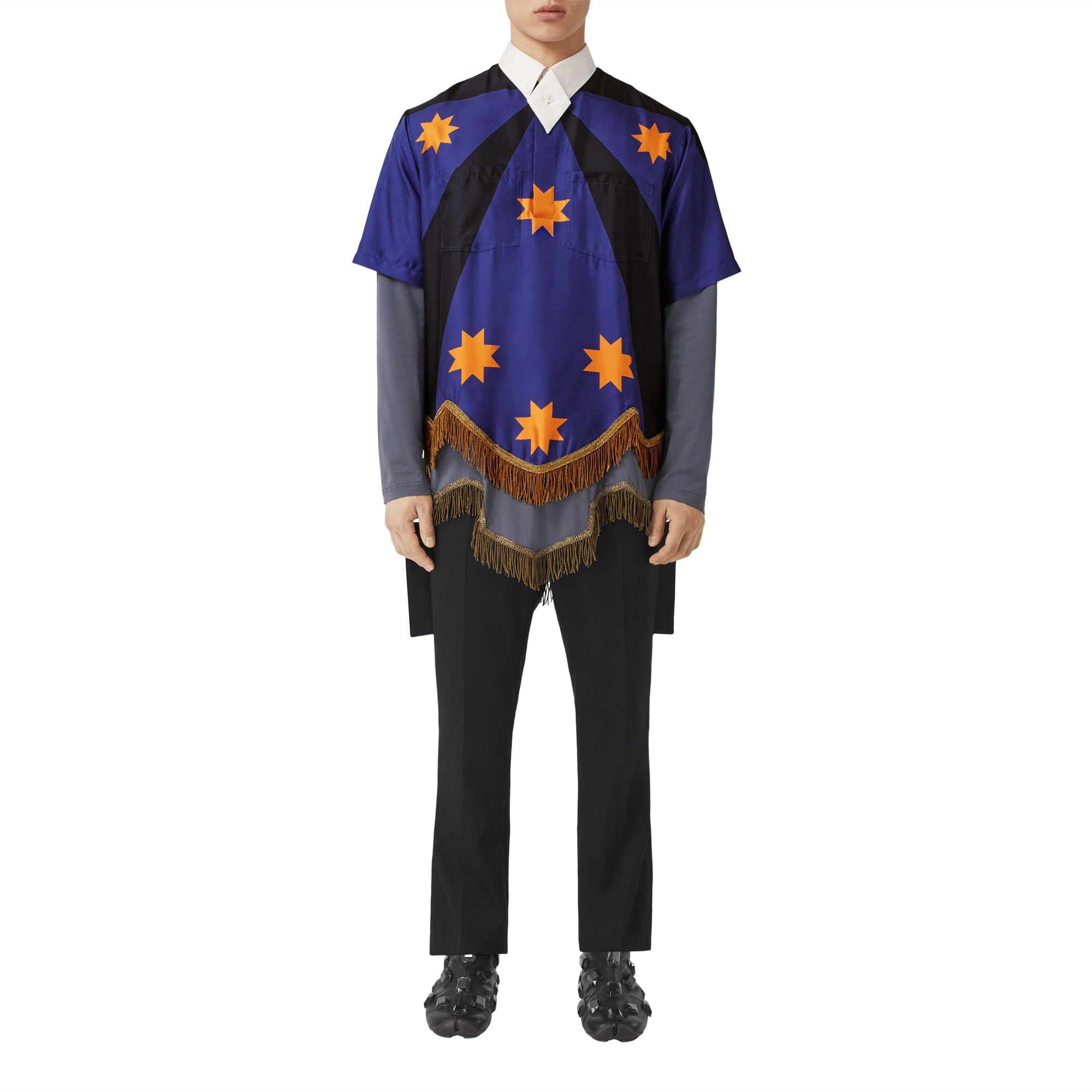 BRIGHT NAVY IP PAT Chemise tunique en soie à imprimé géométrique avec franges en fil d'or
