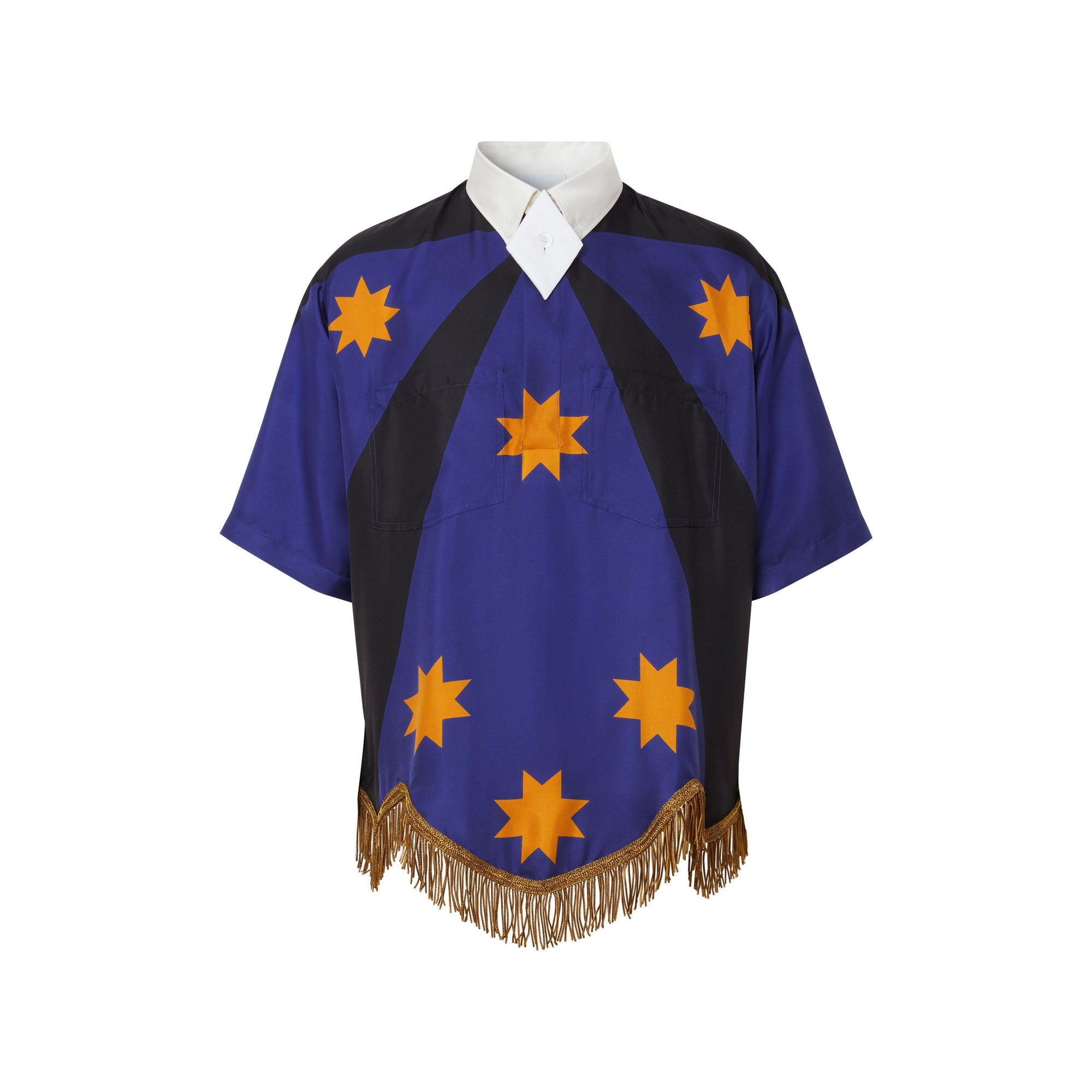 BRIGHT NAVY IP PAT Chemise tunique en soie à imprimé géométrique avec franges en fil d'or