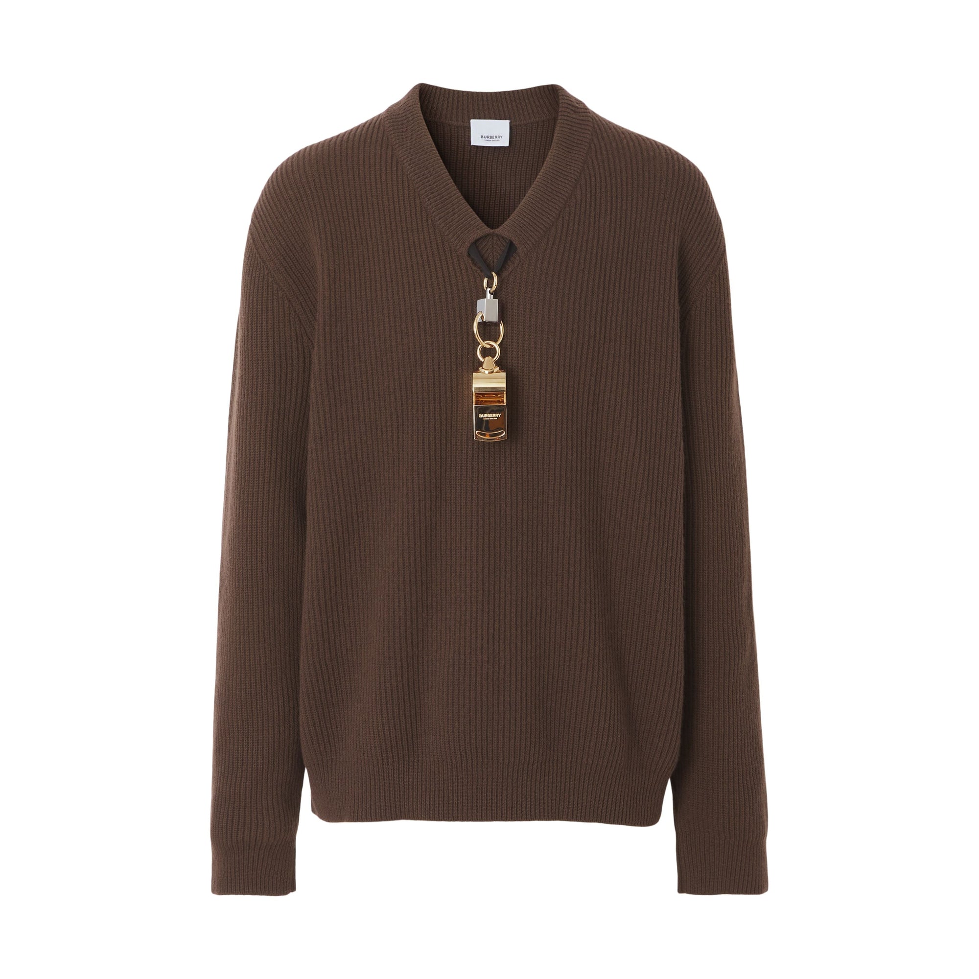 BROWN Pull en maille de laine côtelée avec détail sifflet plaqué or