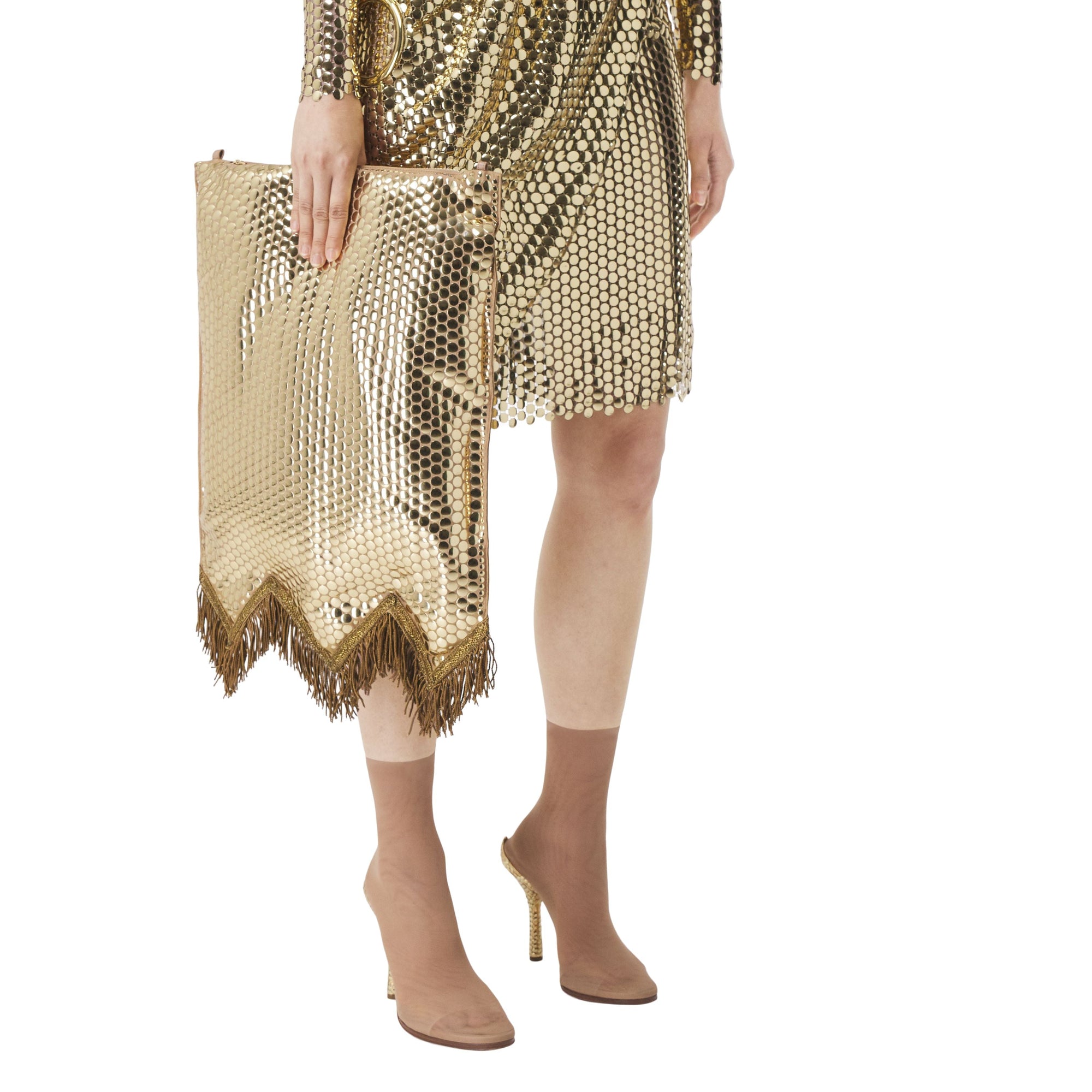 COOL BEIGE Sac Flag en soie à paillettes avec franges en fil d'or