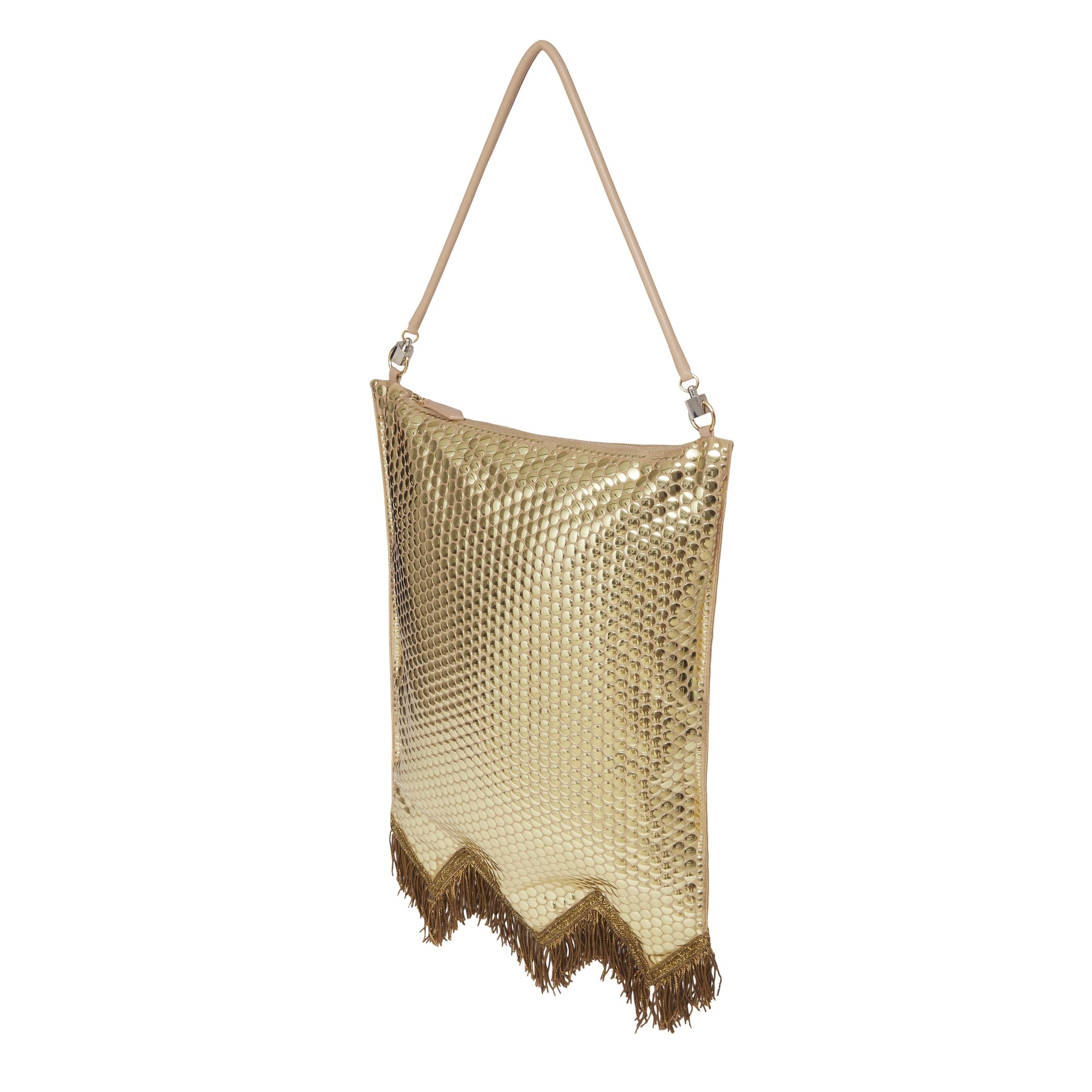 COOL BEIGE Sac Flag en soie à paillettes avec franges en fil d'or