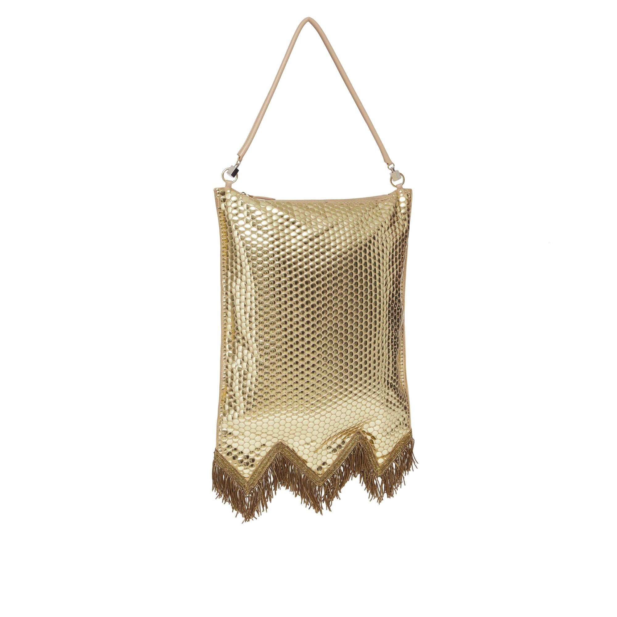 COOL BEIGE Sac Flag en soie à paillettes avec franges en fil d'or